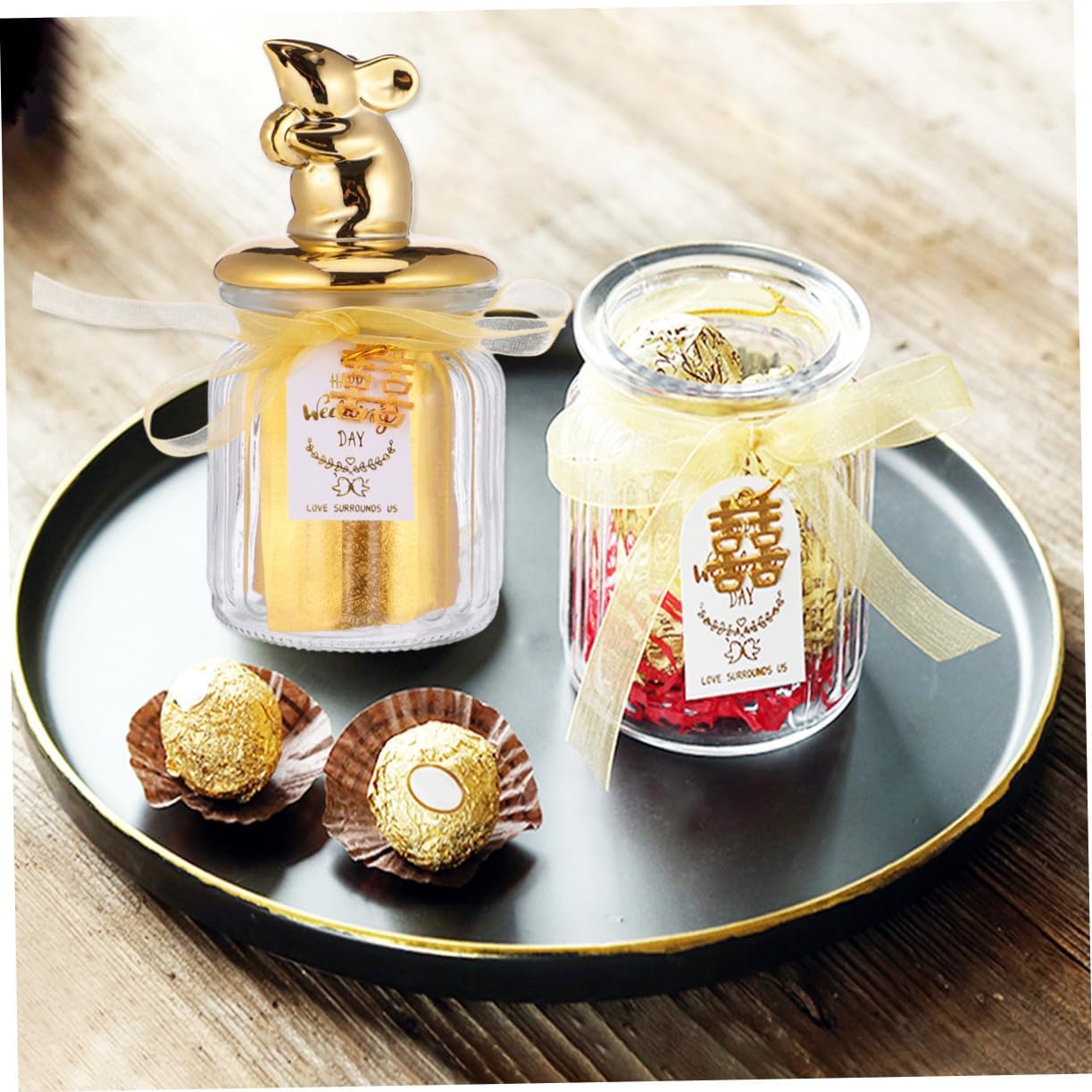 MERRYHAPY Glass Candy Jar with Gold Plated Ceramic Lid Sealed Glass Storage Bottle for Wedding Candy Display and Party Favors for Holiday
