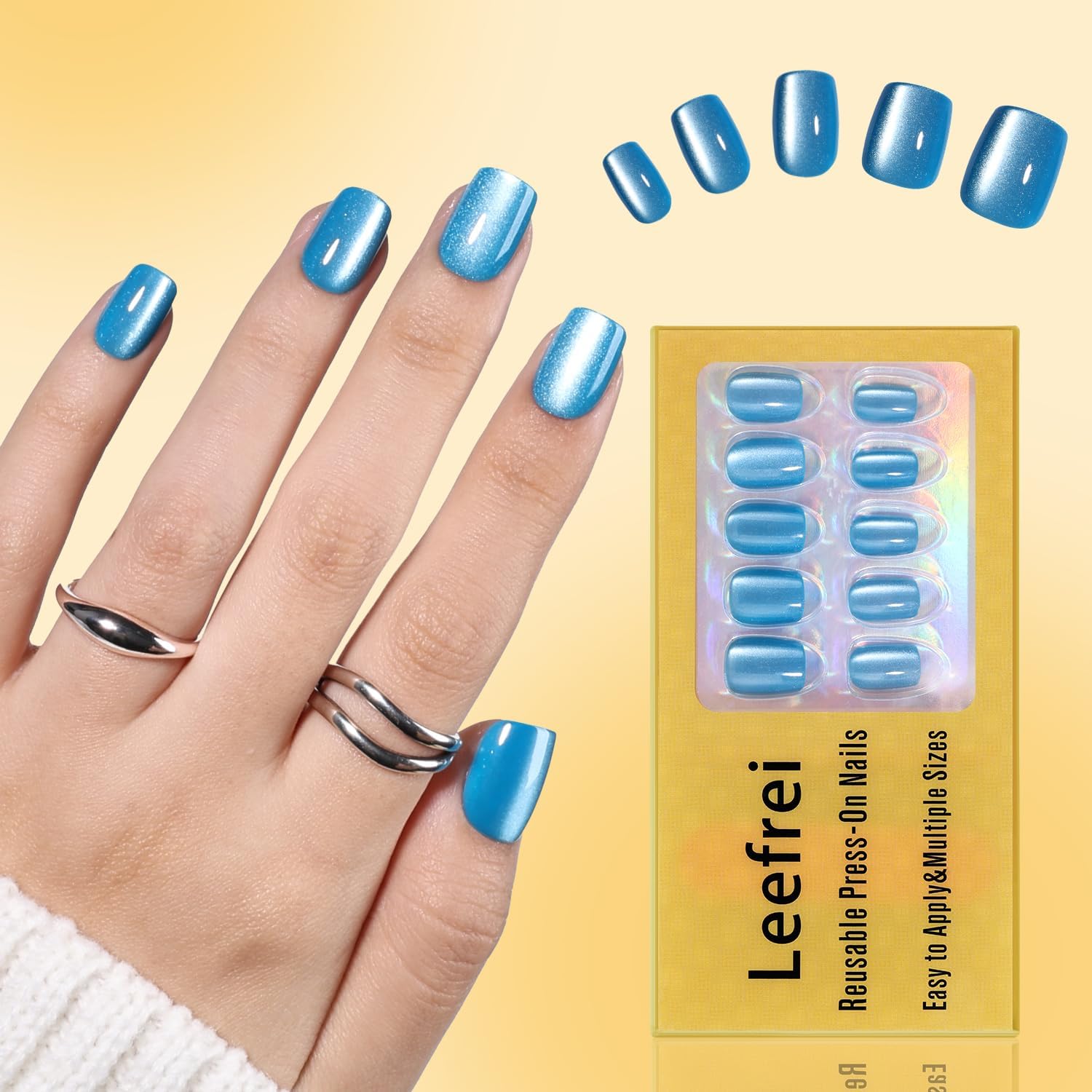 Blue Cat Eye Press On Nails - Short Square Press on Nails Ocean Blue Nails Press Ons for Women, Reusable Glossy Fake Nails Kit with Glue DIY Nails Short in 15 Sizes - 30pcs, Ocean Teal image 4