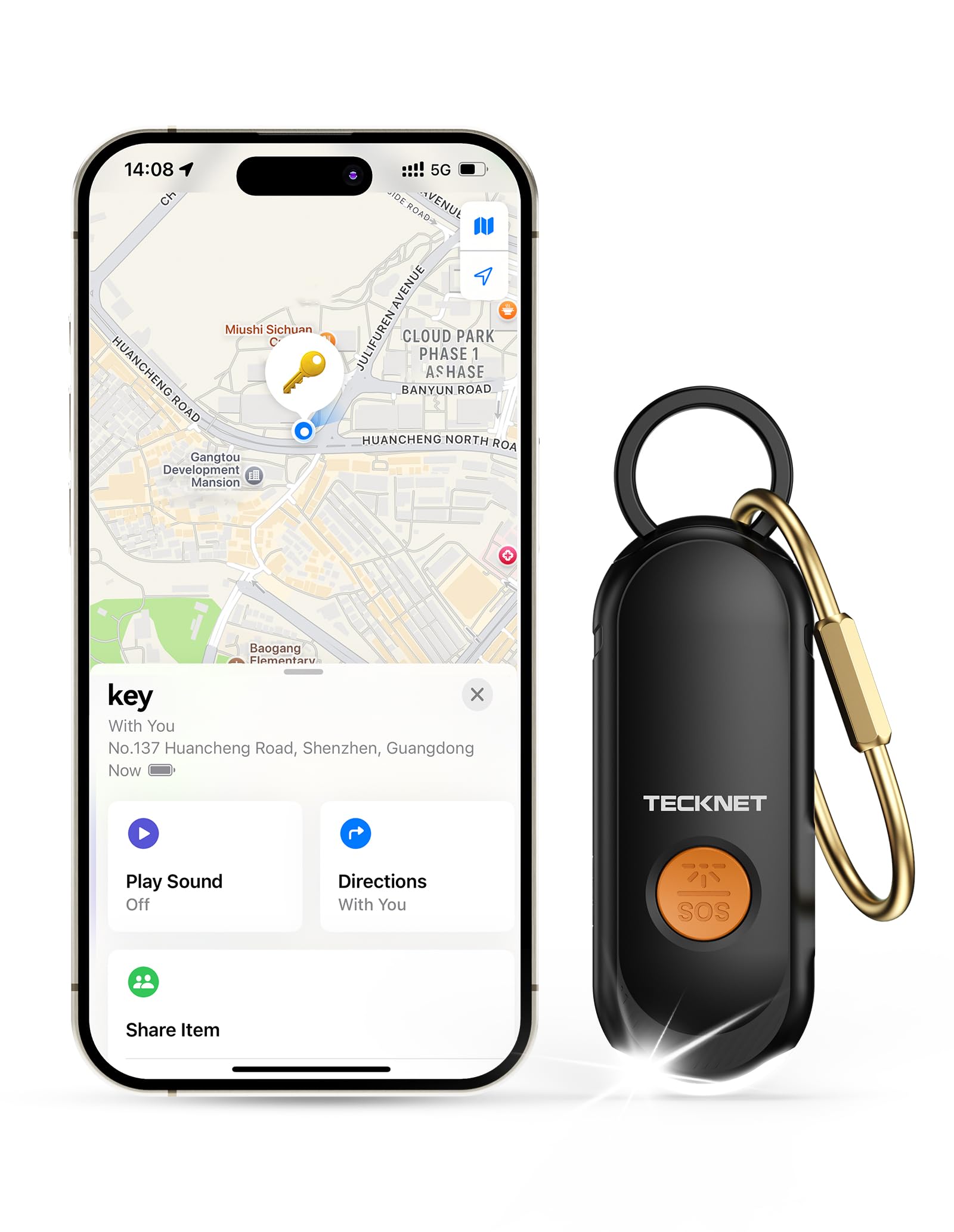 TECKNET Personal Alarms for Women with GPS Tracker, 130dB Loud Safety Alarm & SOS Strobe Light, Apple Find My Tracker, Rechargeable Self Defence Keychain with Siren for Runners Kids Elderly (Black)
