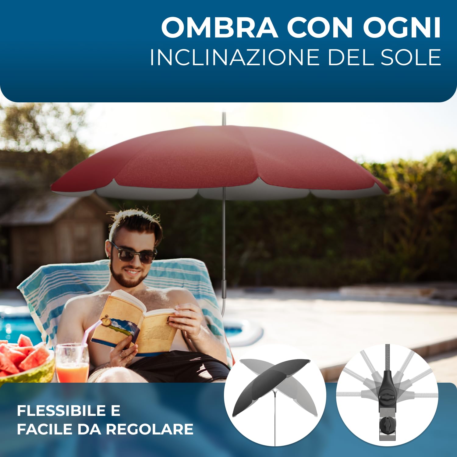 STYNGARD SAN FRANCISCO Ombrellino Parasole per Sdraio, Sedia da Campeggio e Balcone I Ombrellone con Morsetto Universale, Protezione UV 50+, Cupola 120 cm con Sporgenza, Regolabile a 360°