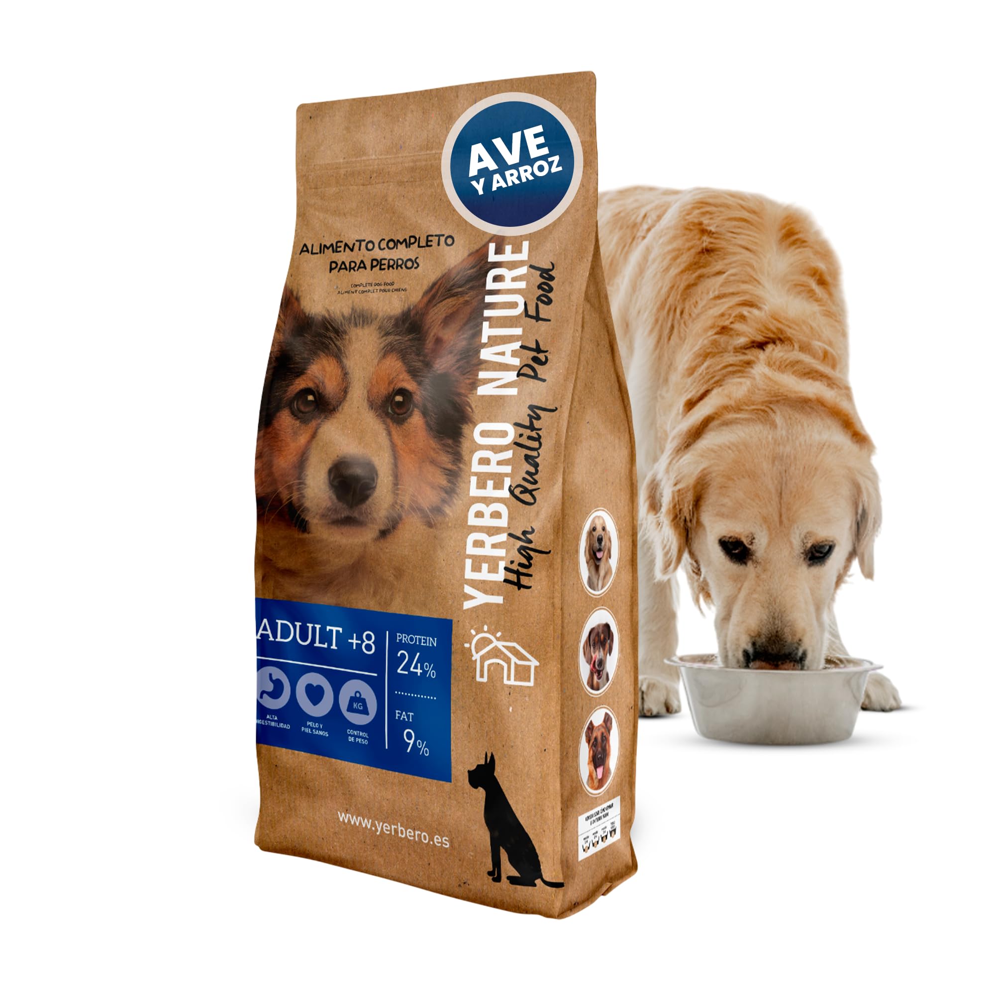 Yerbero Nature Adult +8 Pienso para Perros Senior,Pienso bajo en Grasas, Comida Perros de Más de 8 Años para Pelo y Piel Sana, Comida Light (10kg)
