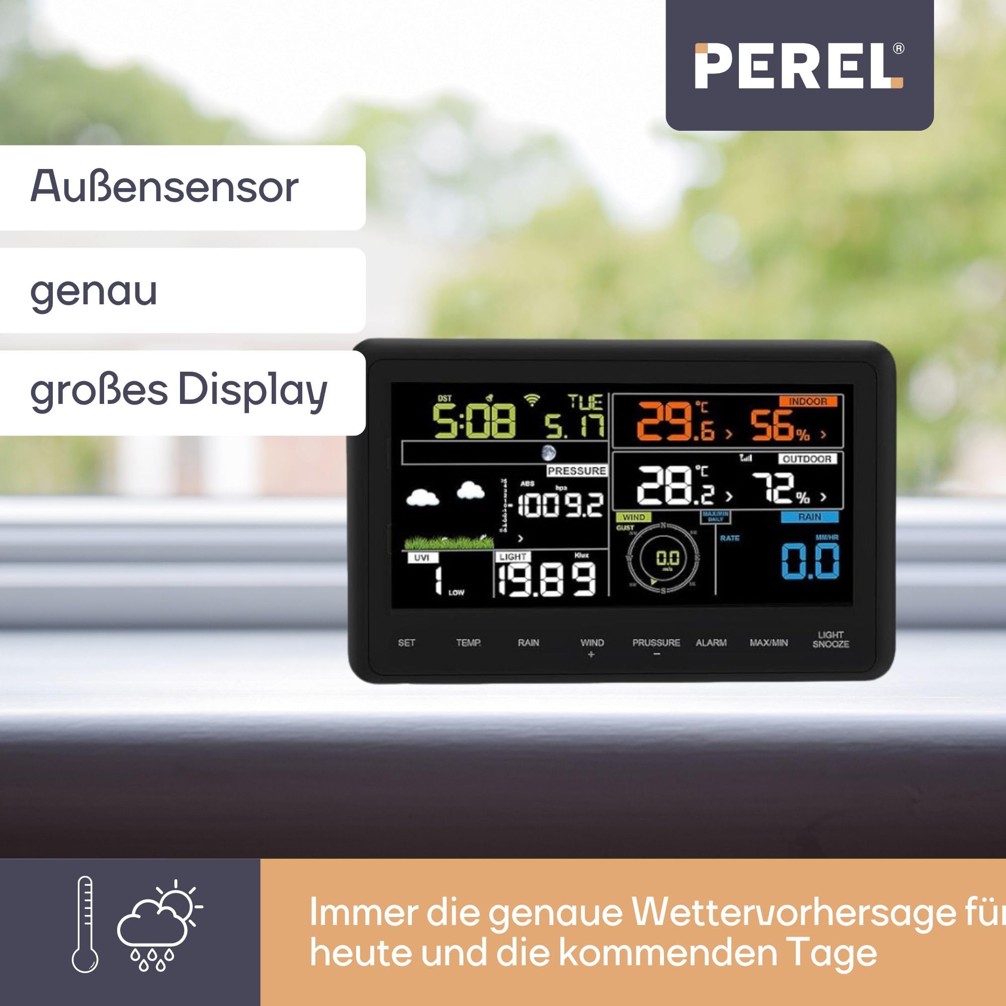 Perel Wetterstation mit Außensensor, Wetterstation Funk, Funkwetterstation groß, Wetterstation batteriebetrieben, WLAN, Wettervorhersage, Thermometer, Regen- und Windmesser, Farbdisplay