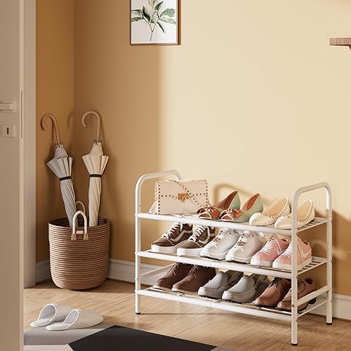 Miniatura 7 de Zapatero de metal de 3 niveles de malla de hierro blanco, organizador de zapatos independiente, estante que ahorra espacio para entrada, pasillo,