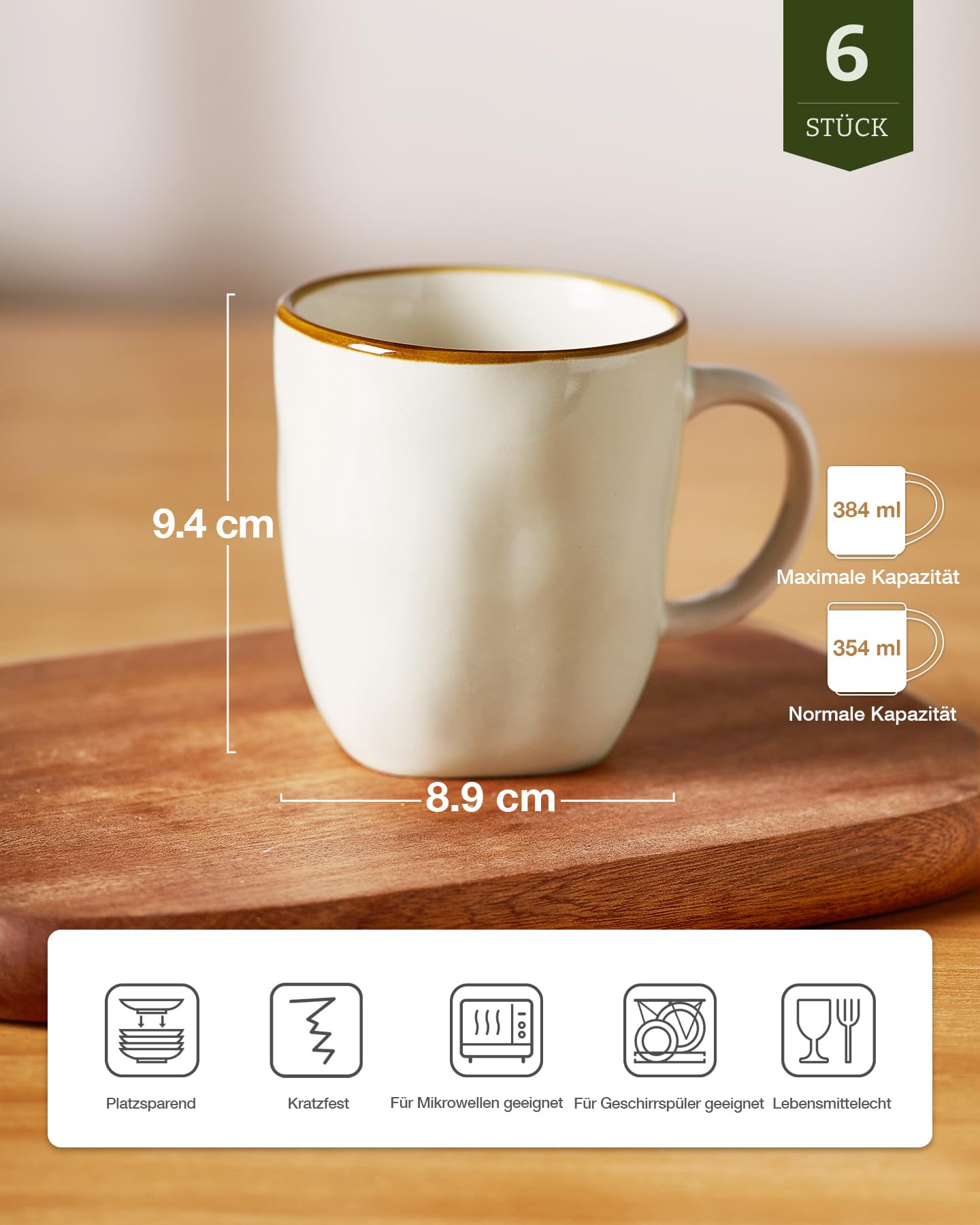 Richmount Ocean - Juego de 6 tazas de café, 384 ml (13 oz), color beige | Juego de tazas, tazas con asa para café, té, cacao, leche, apto para microondas y lavavajillas