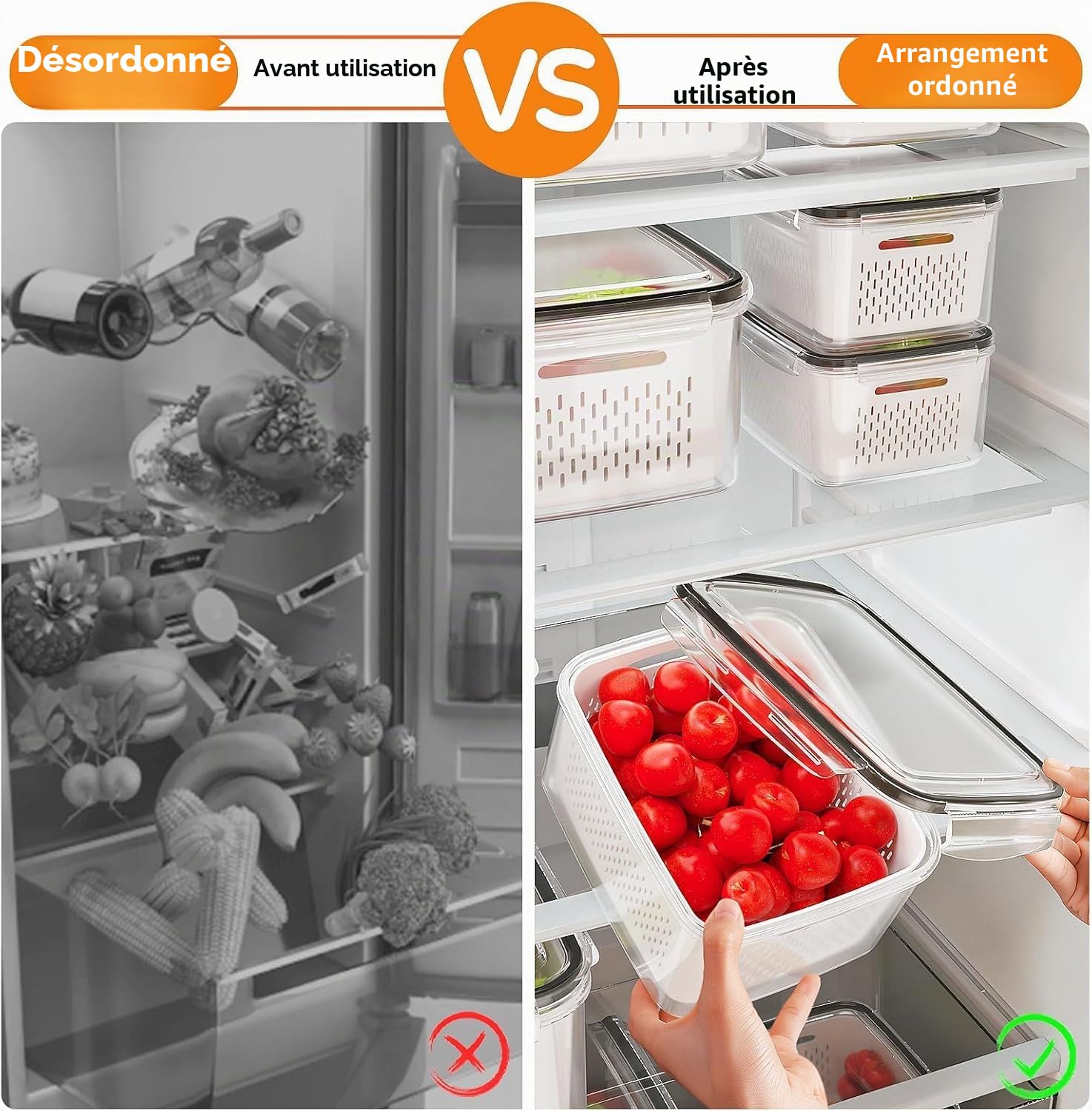 LATERN 5 Pièces Boîtes de Conservation Alimentaire pour Réfrigérateur avec Passoires Amovibles, 4 en 1 Bacs de Rangement Anti-Fuites Hermétique avec Couvercles pour Fruits Légumes Viande Conservateur