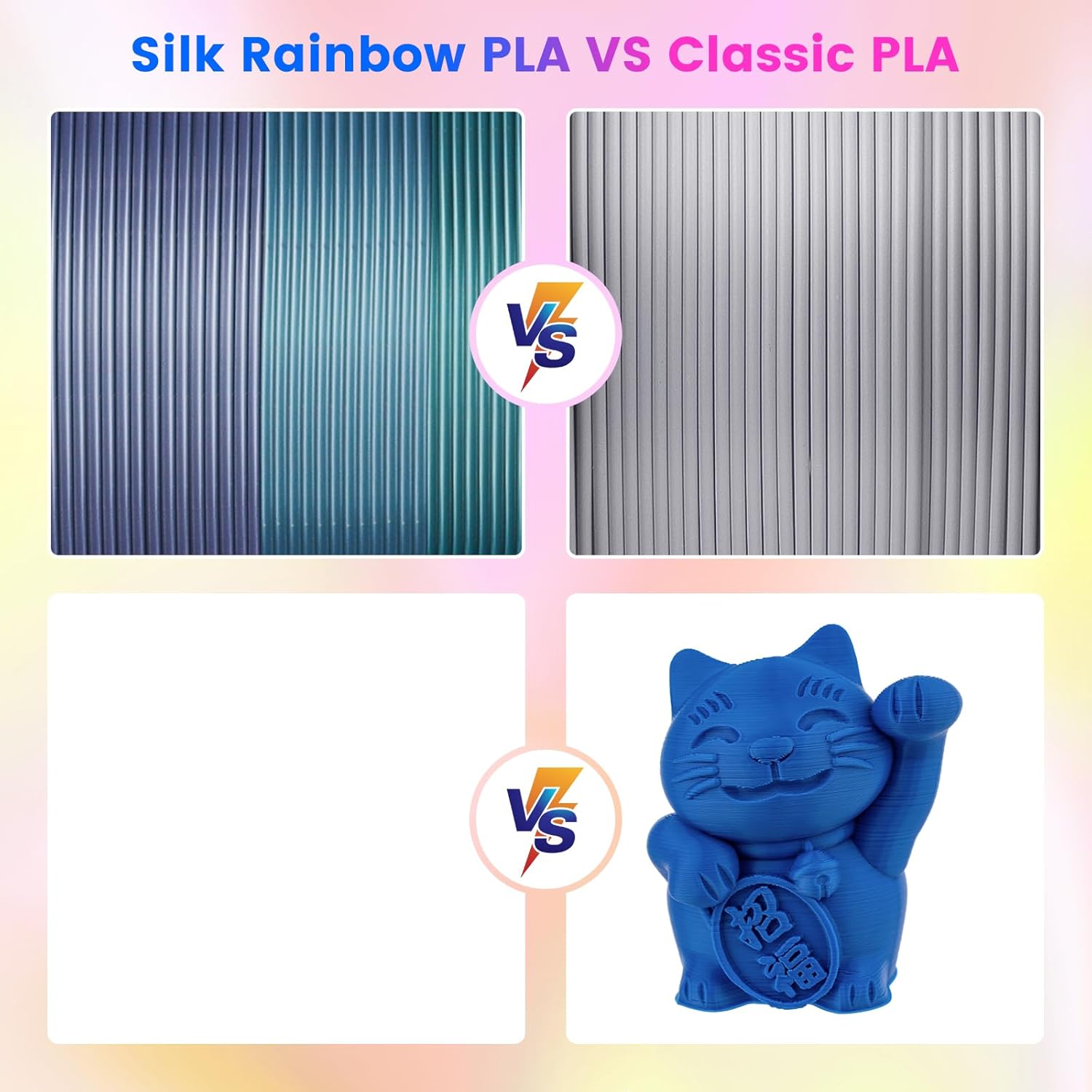 Comgrow Rainbow Colors Silk PLA 3D Printer Filament, PLA Filament 1.75mm 1KG Spool, Coextrusion 3D Filament with Shiny Silk Rainbow Yellow and PETG 3D Printer Filament Black 4KG