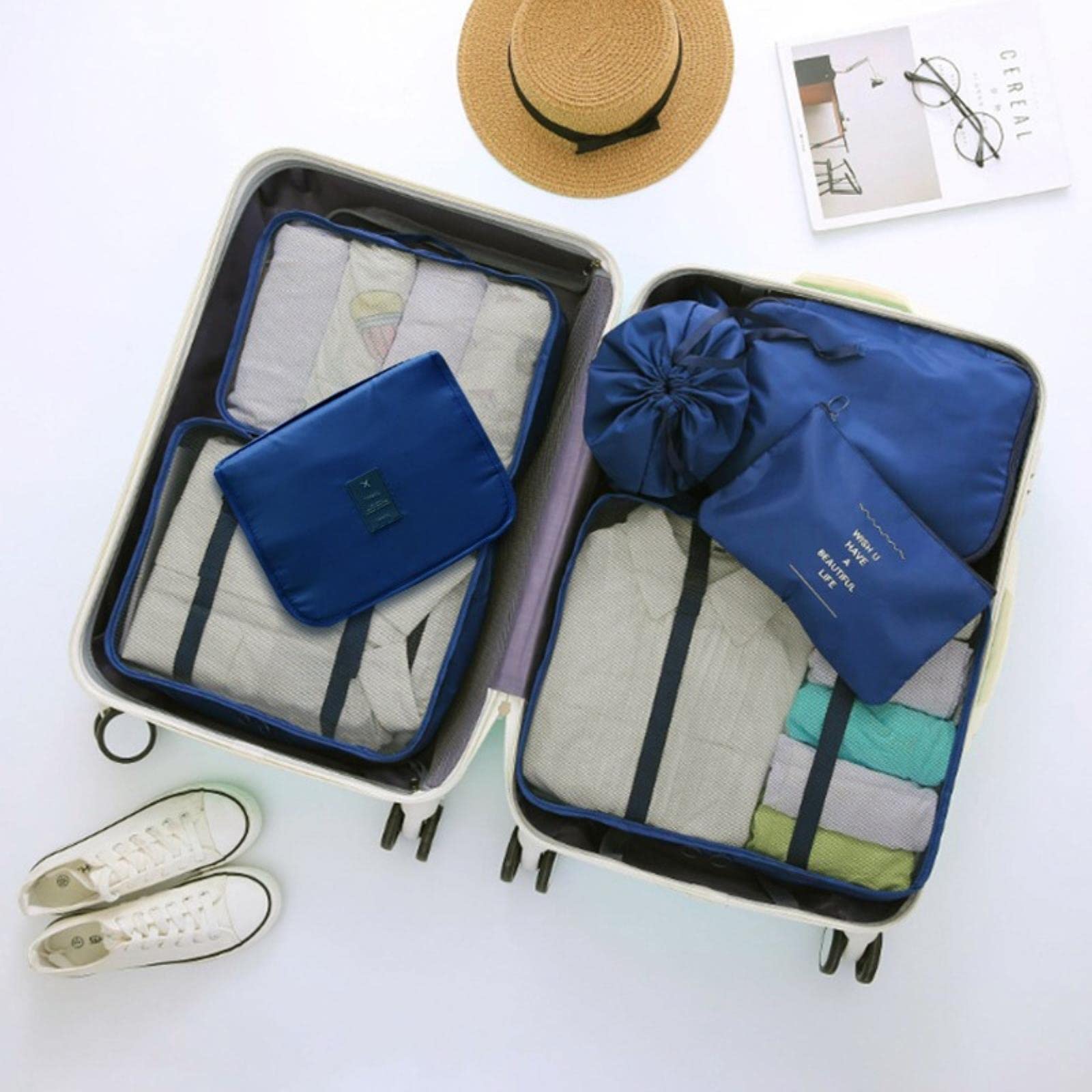 Zestaw 7 sztuk Organizator podróży Torby do przechowywania Zestaw do pakowania walizek Futerały do przechowywania Przenośny bagaż Tkanina But Tidy Pouch-7szt Koreański niebieski