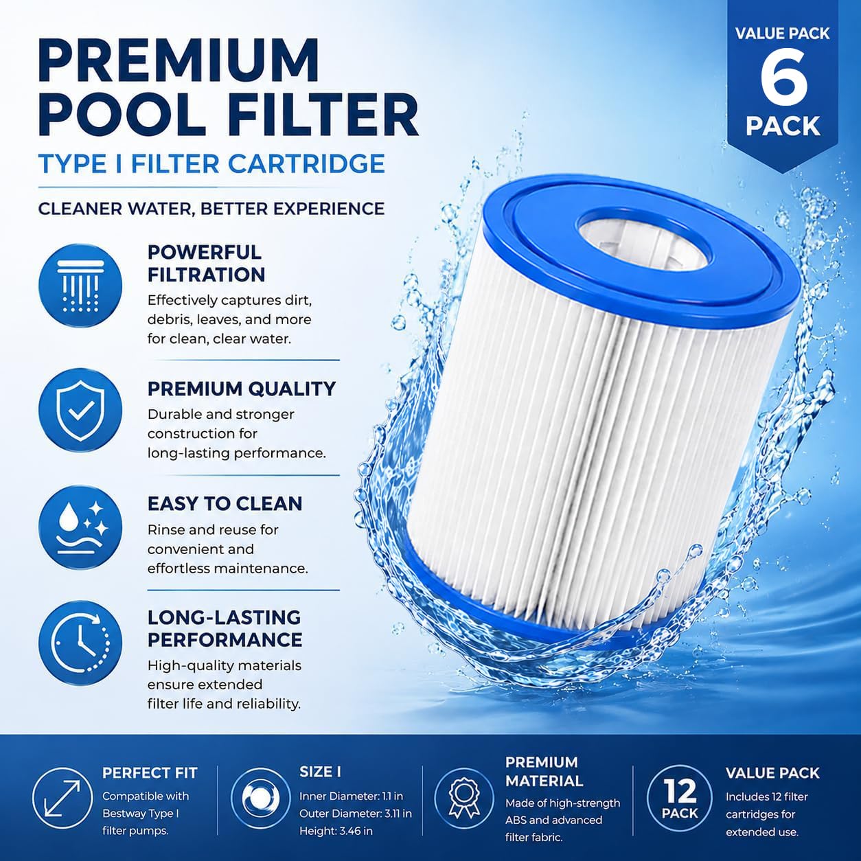 Sillar Cartucho de Filtro reemplazo para Bestway tamaño 1, Tipo I, Cartucho para Limpieza de Piscinas, Modelo 58093, 6 Unidades
