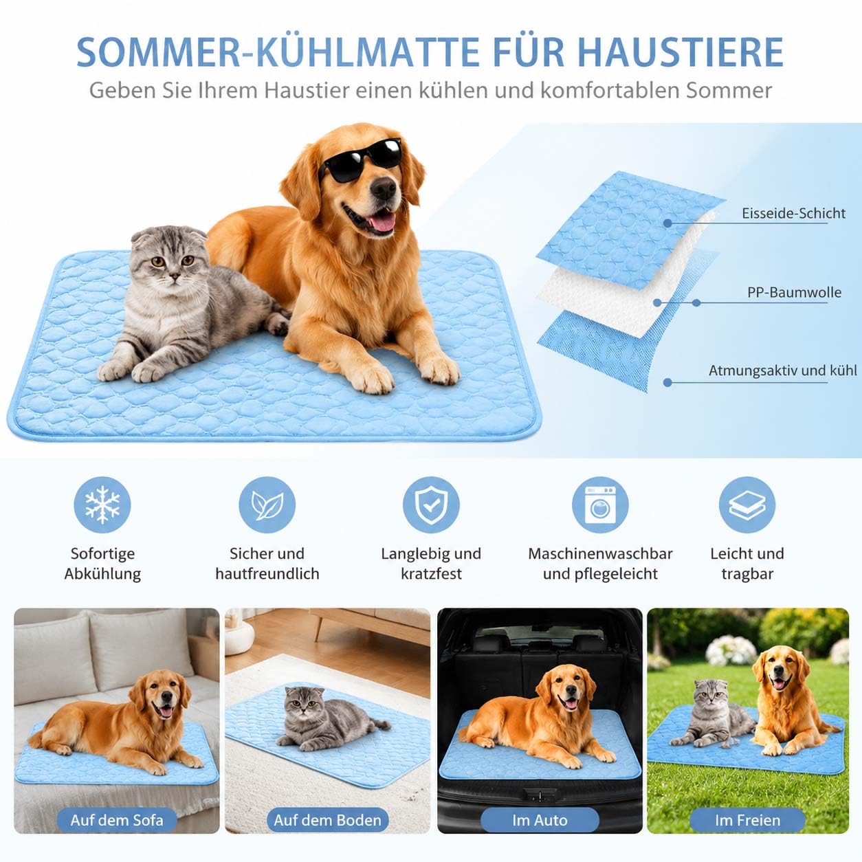 Leyof KüHlmattе Katze Ohne Gel, KüHlmattе Ohne Gel Katze, 4 GrößEn – Geeignet FüR Katzen & Hunde; Waschbare, rutschfeste KüHlmatte Aus Eisseide FüR Den Innen & AußEnbereich (Grau,M)