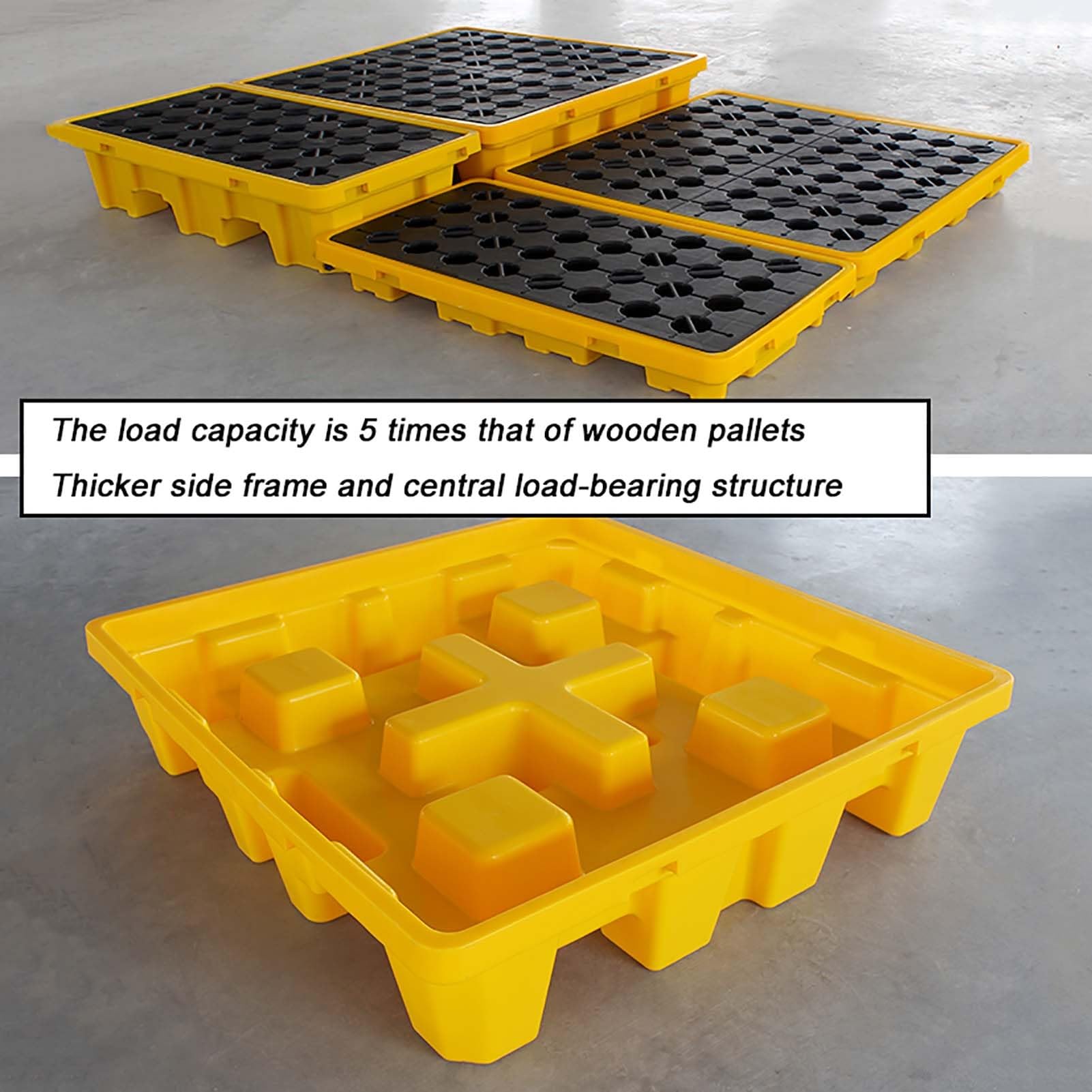 Pallet industriale per deposito di liquidi e fusti di olio - Piattaforma a prova di perdite con porta di scarico, accesso per carrello elevatore resistente, griglia rimovibile per laboratorio e