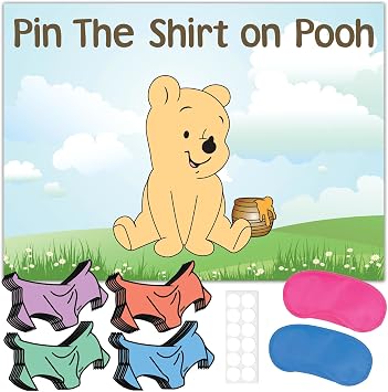 Sweet Baby Co. Winnie Pooh Baby Shower Decorations Games Gender Neutral for Girl or Boy Pin the Shirt on Pooh Best Babyshower Game Large Poster 24 Shirts 2 Blindfolds Glue Dots Boho Prizes Reveal