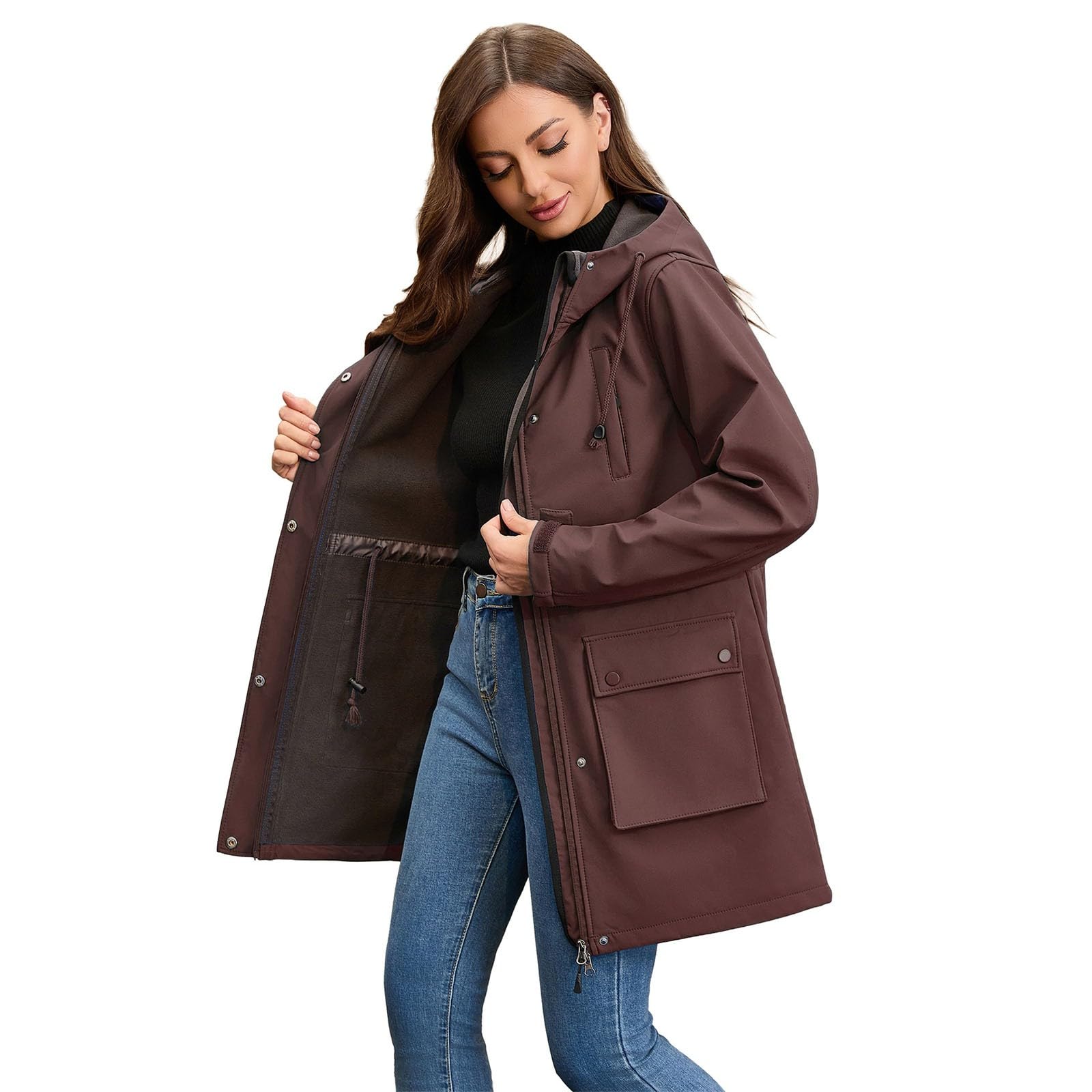Generisch Giacca impermeabile da donna in softshell con cappuccio, per escursioni e tempo libero, ideale per primavera e autunno, versatile giacca a vento di media lunghezza per ogni avventura