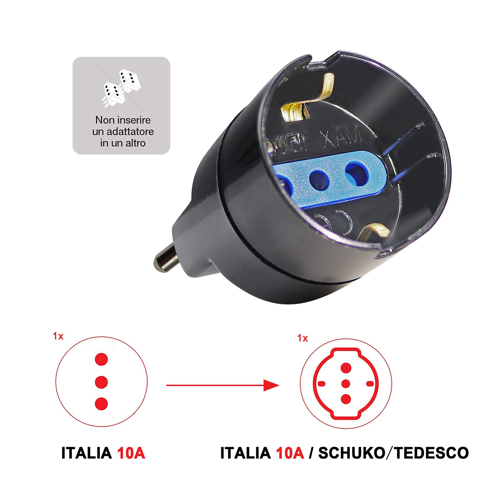 EXTRASTAR Set 4 Adattatori da Schuko a Spina Piccola 10A, Nero, Confezione da 4