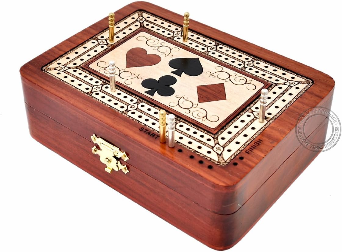 House of Cribbage - 2 Track - Wooden Cribbage Board/Box - Inlaid in Bloodwood/Maple Wood - Storage for Pegs & One Deck of Cards - 60 Points - Non Continuous