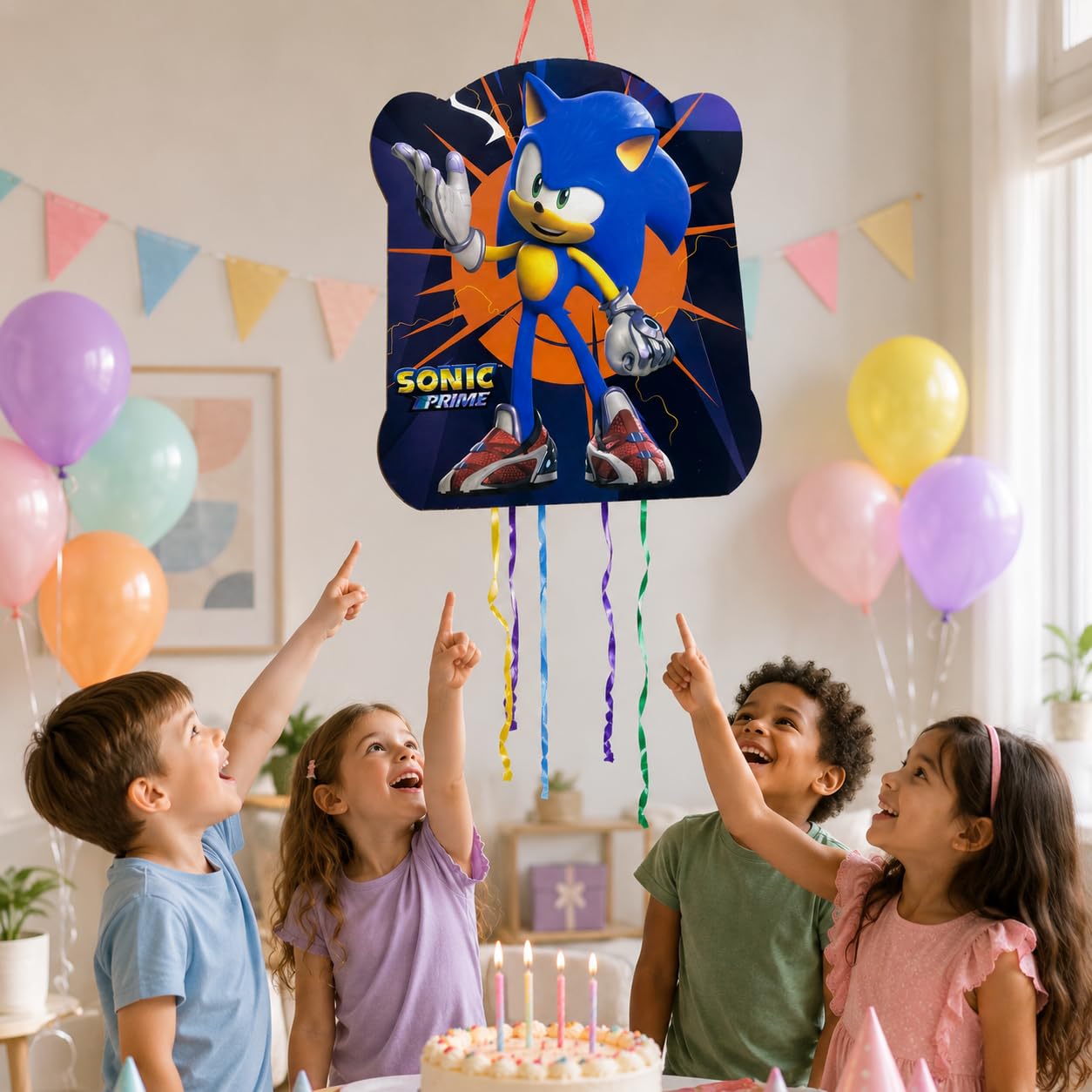 Pignata Sonic + Pack 70 Chuches Senza glutine e Giocattoli Pignata - Ananas Compleanno - Compleanno Sonic - Ananas - Riempimento pignata per bambini - Chuches - Decorazione festa - PARTY4EVER