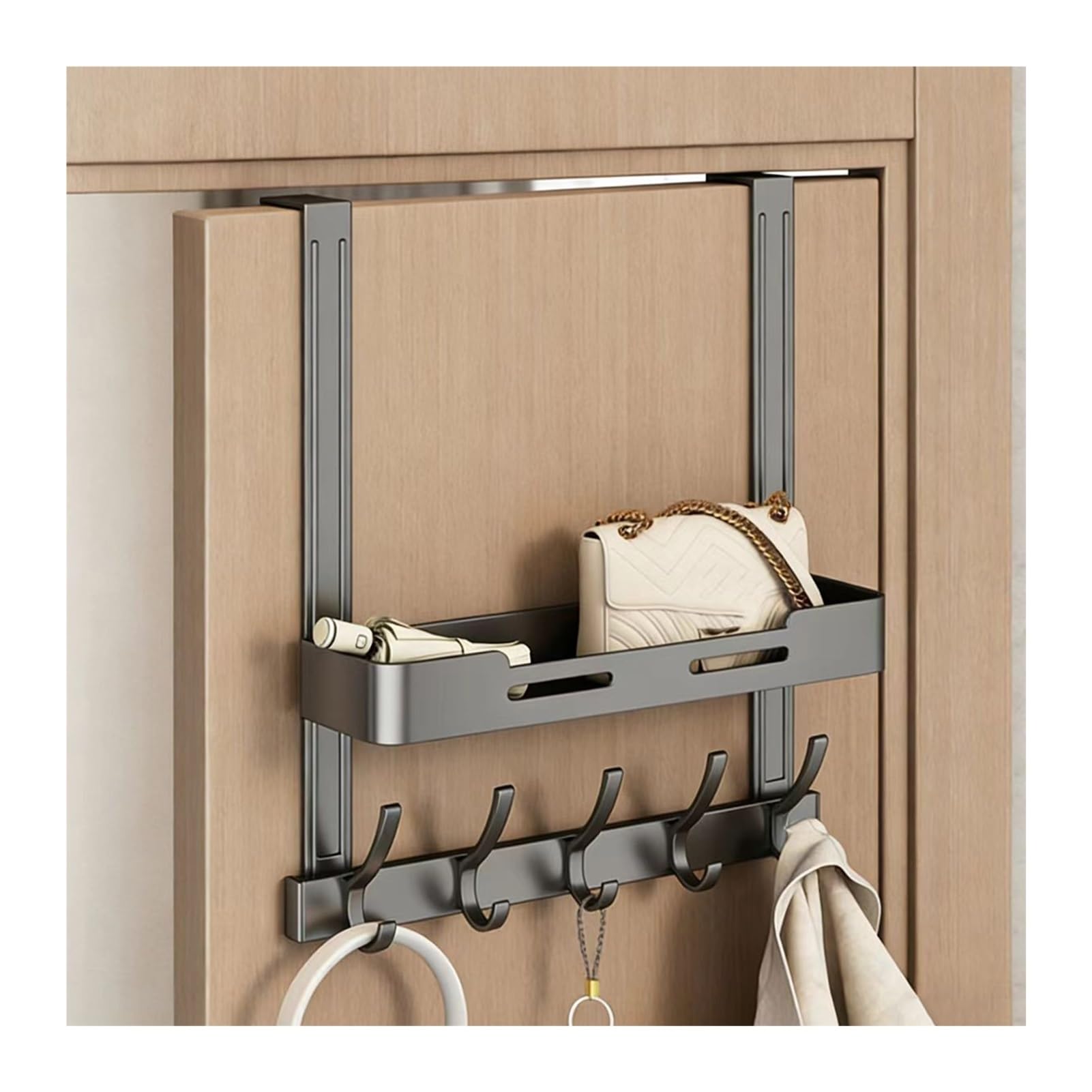 Organizzatore e Contenitore da Appendere Dietro la Porta, con 1 Cestino e Gancio Appendiabiti, mensole per dispensa, organizzazione per Lavanderia e Bagno (5 Ganci)