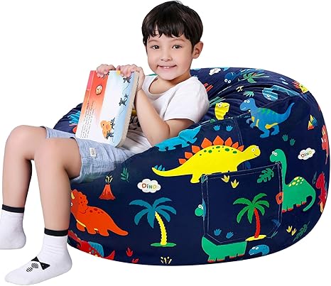 Lukeight Dinosaur Stuffed Animal Storage Bean Bag Chair Cover - Premium Velvet Organizer with YKK Zipper Holds 60+ Plush Toys, Washable Kids Room Decor (No Filling, Large)