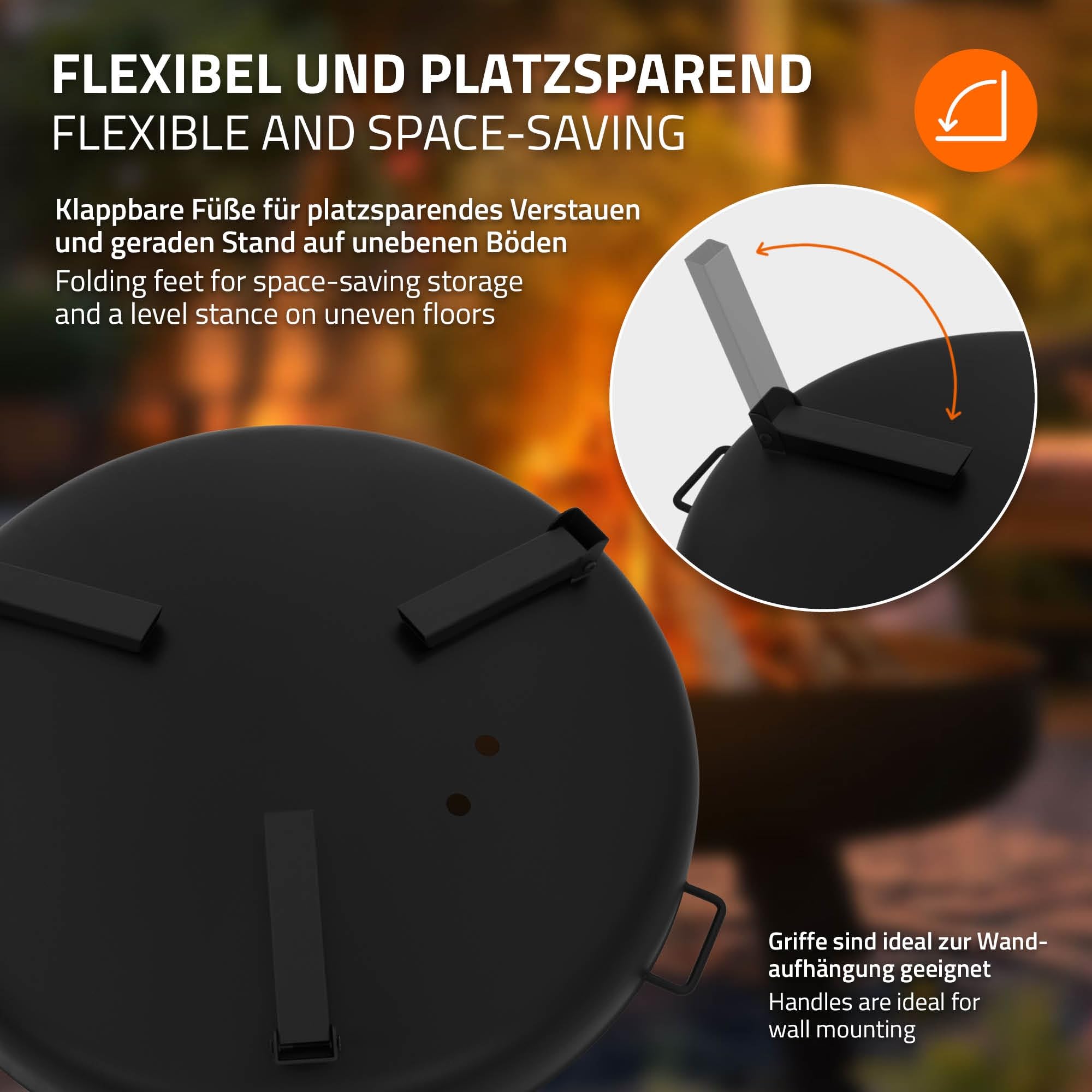 ECD Germany Cuenco de Fuego 60 x 27 cm Brasero Exterior Redondo de Acero con 3 Patas Plegables y Asas de Transporte, Fire Bowl Negro con 2 Agujeros de Drenaje Ideal para Barbacoas de Jardín o Camping