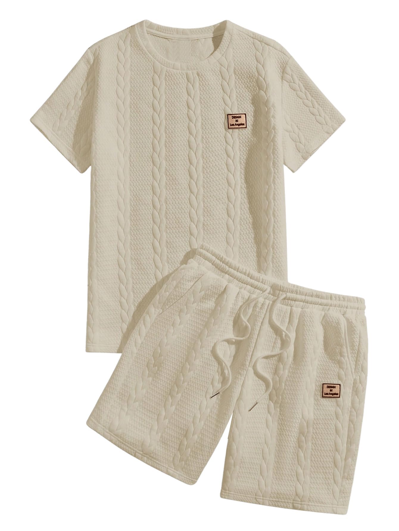Floerns Men's 2 Piece Outfits Cable Knit Letter Patched Crewneck Tee and Shorts Sets