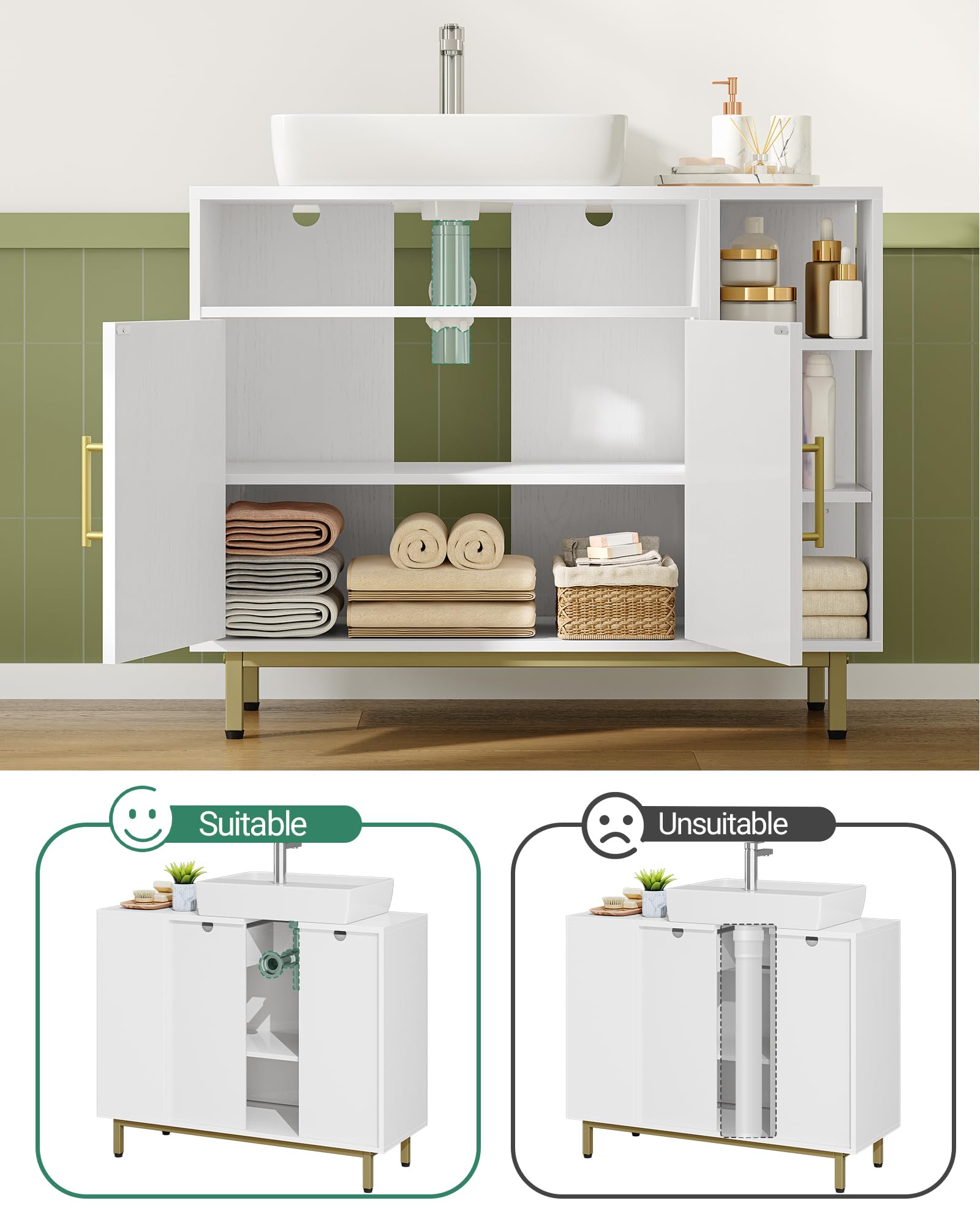 Hzuaneri Waschbeckenschrank, Badezimmerschrank, 1 Schublade 2 Schranktüren, Offenes Fach mit 3 Ebenen, Verstellbare Ablage, Weiß, 30 x 80 x 64cm BC28813G
