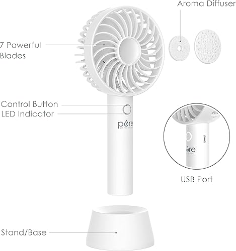 Miniatura 5 de Pure Enrichment® PureBreeze™ Ventilador de mano personal con base - 3 velocidades de ventilador, batería recargable de iones de litio incorporada,