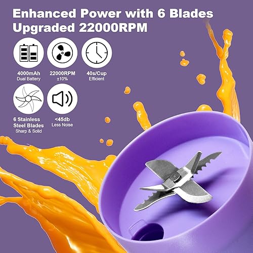 Miniatura 2 de COKUNST Licuadora portátil, licuadora para batidos y batidos, botella de licuadora de jugo fresco recargable por USB de 16 onzas con 6 cuchillas