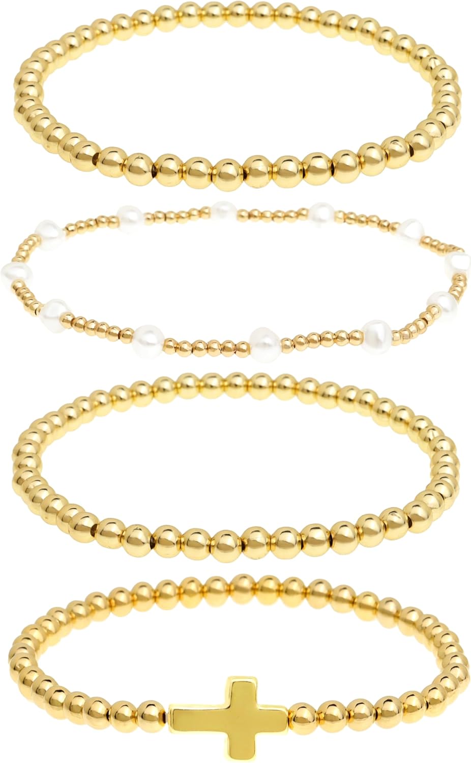 Gold Beaded Bow Heart Paperclip Pearl Stack Bracelet Set for Women, 4Pcs Handmade Golden Beads Pearls Stretch Stackable Bracelets Party Jewelry Accessories Gift