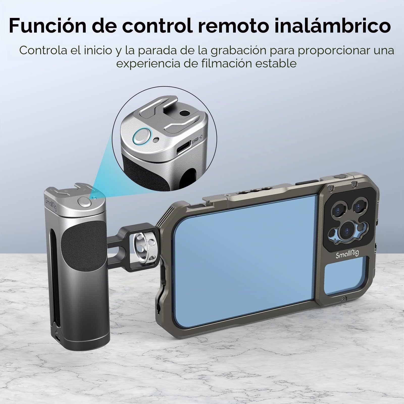 SMALLRIG Mango Lateral con Control Remoto Inalámbrico Record Start/Stop y Cold Shoe, para Equipo de Video de Jaula para Teléfono Inteligente con 1/4 Hilos - 3838