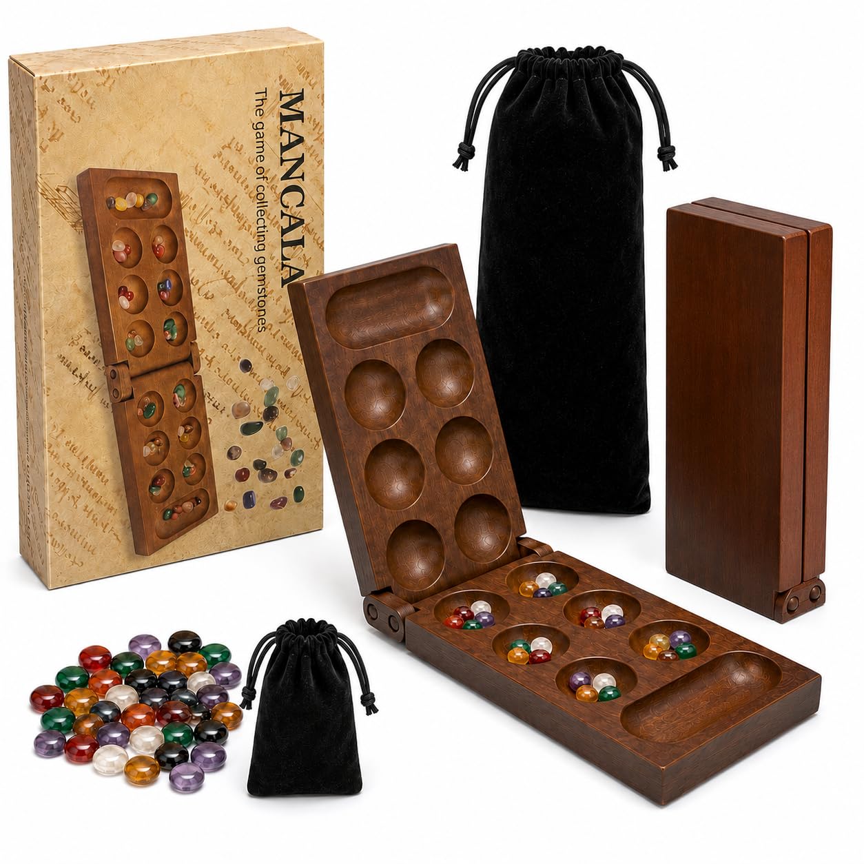 Mancala Board Game, Walnut Wood Folding Kalaha Board with Polished Playing Stones and Black Velvet Storage Bag, Classic Strategy & Counting Game for Family Play, Ages 8+