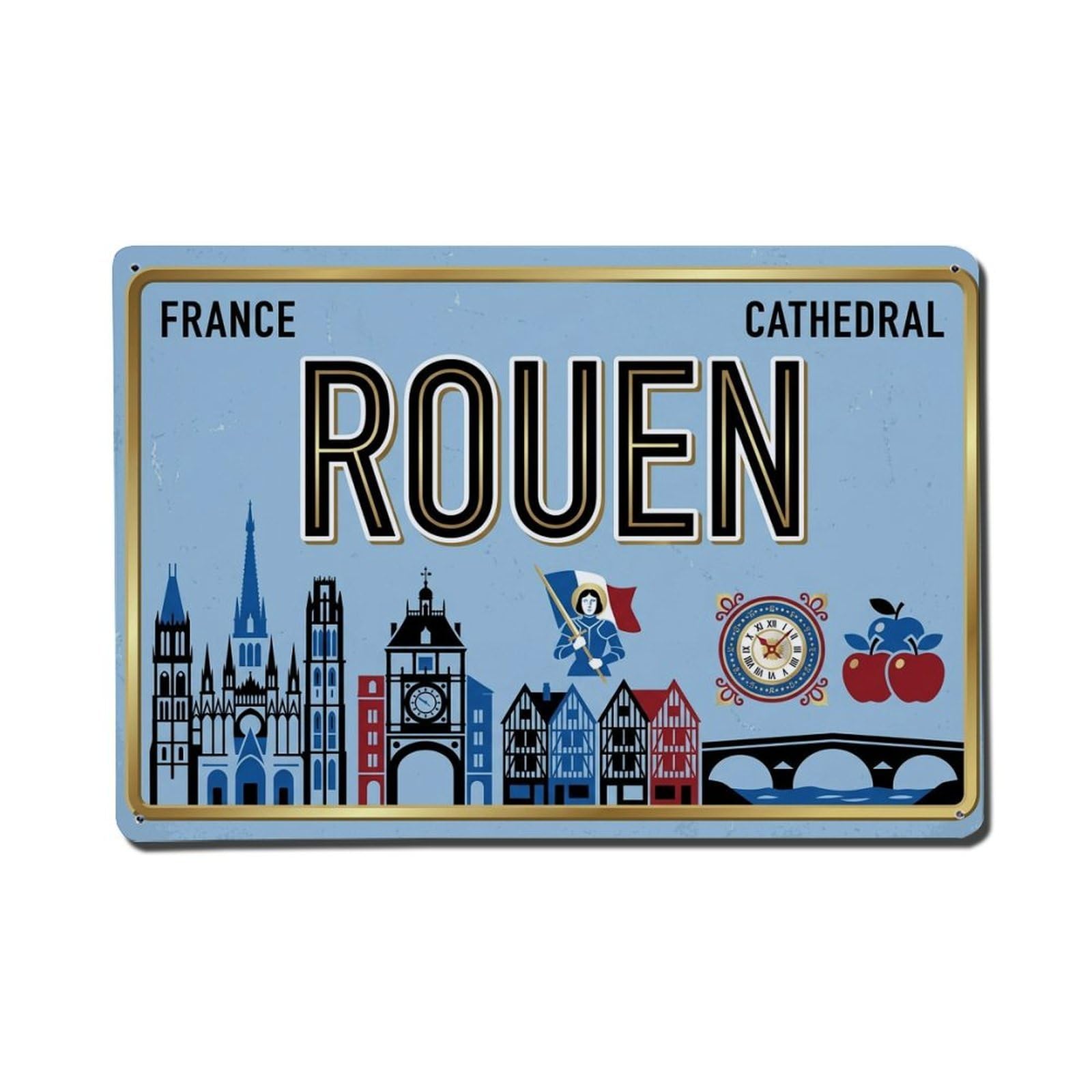 Cxhjca 8X12inch(20X30cm) Vintage Travel Rouen Cathedral Clock Tower Metal Tin Sign