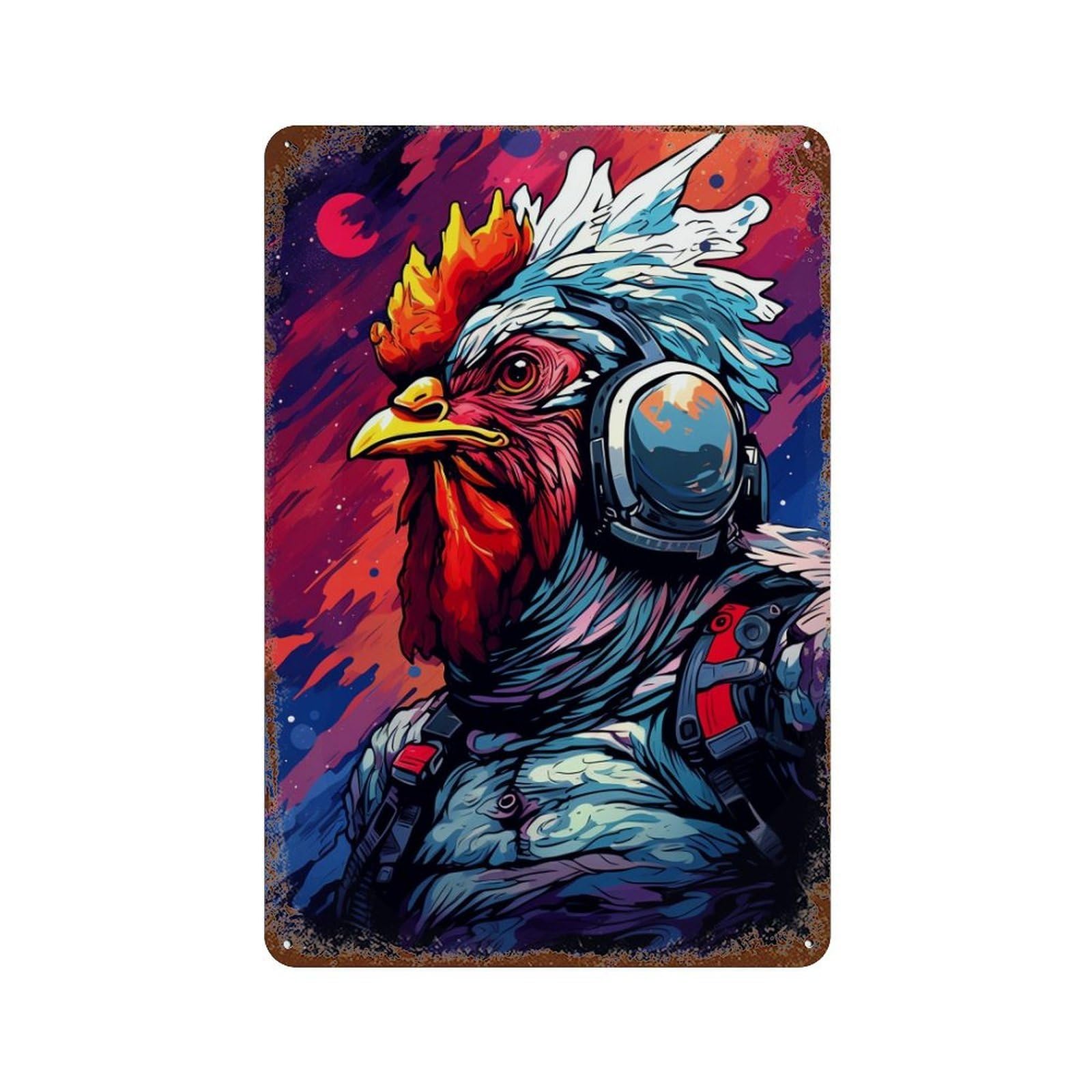 Space Chicken Explorer Rustic Tin Plaque 11.8"x7.9", Novelty Wall Decor for Garage, Pub Or Kitchen