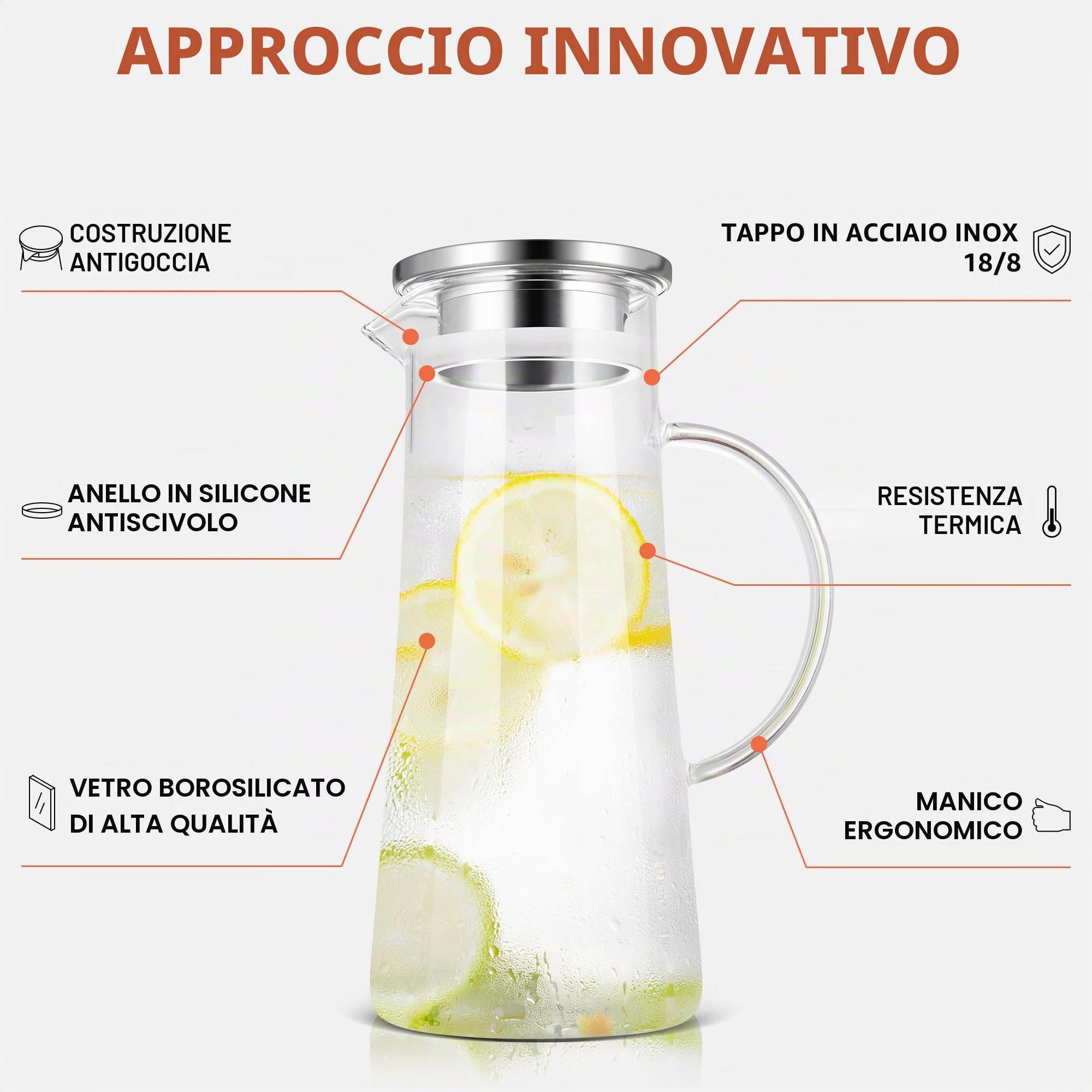 SUSTEAS Caraffa in vetro da 1,5 litri, con coperchio, per il tè freddo, per vino, caffè, latte e succo, caraffa per bevande