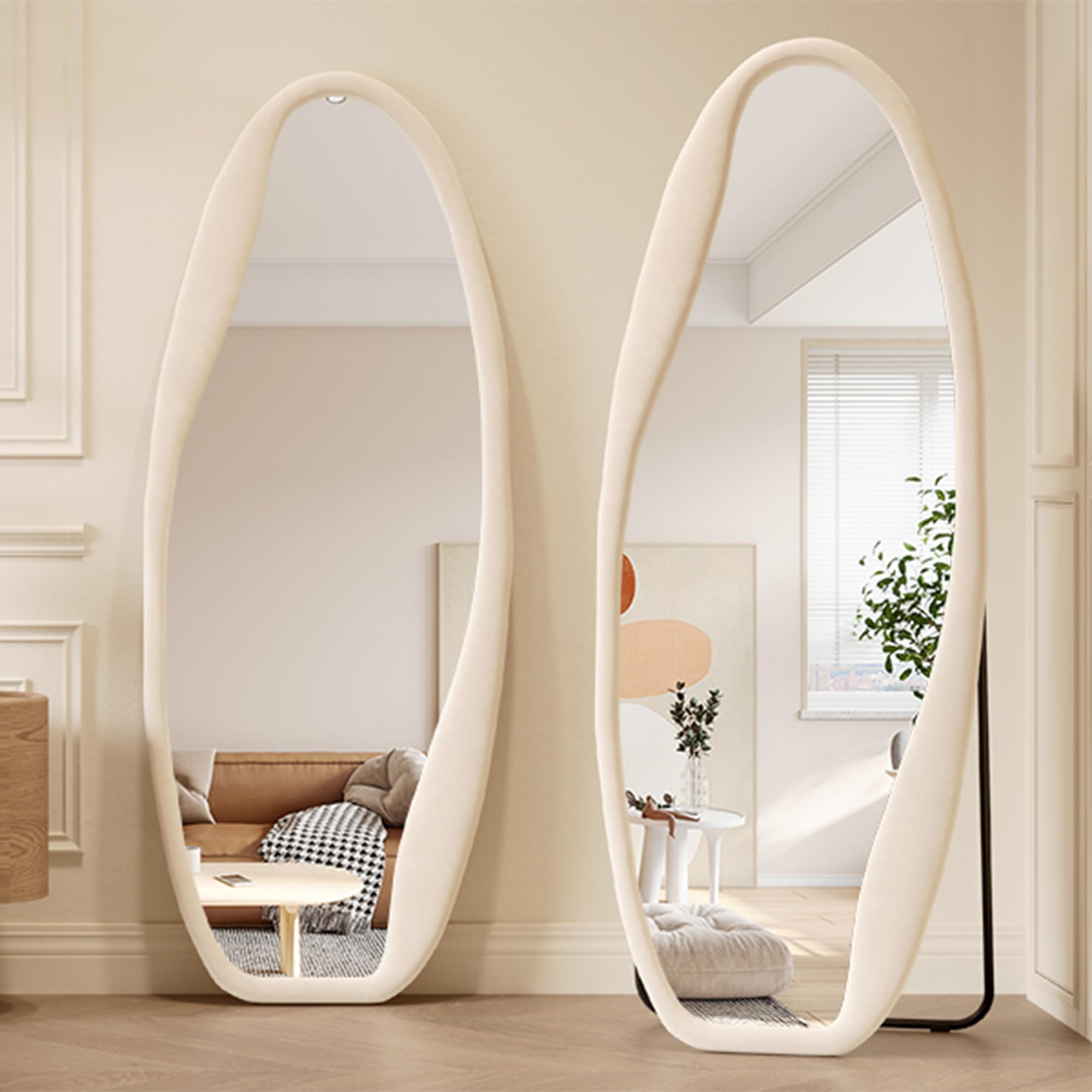 LVSOMT Espejo de Cuerpo Entero Asimétrico, 160x60 cm Espejos de Pie con Franela, Espejo de Pared Grande, Espejo pie Irregular, Espejo Vestidor, Espejo de Longitud Completa Dormitorio Salón, Blanco