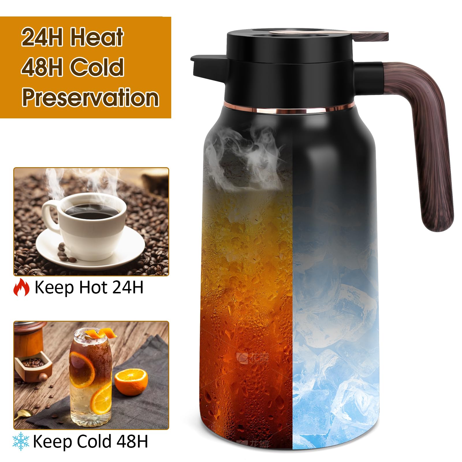Jarra térmica de café de 70 onzas, jarras de acero inoxidable para líquidos calientes 36 horas, jarras de café aisladas para mantener el café caliente, agua caliente, té, bebidas calientes (negro)