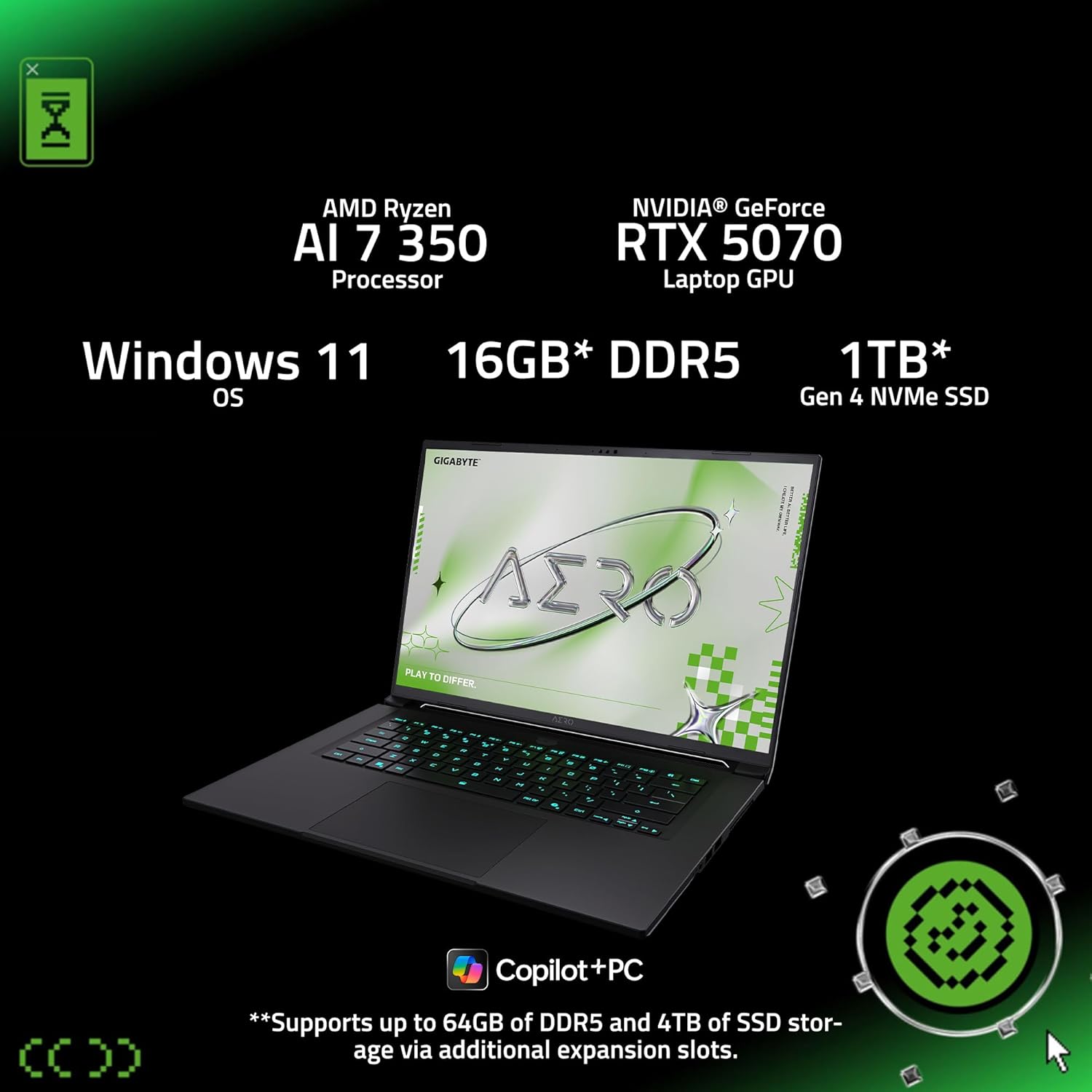 GIGABYTE AERO X16; Copilot+ PC - 165Hz 2560x1600 WQXGA - NVIDIA GeForce RTX 5070 - AMD Ryzen AI 7 350-1TB SSD with 16GB DDR5 RAM - Windows 11 Home - Lunar White