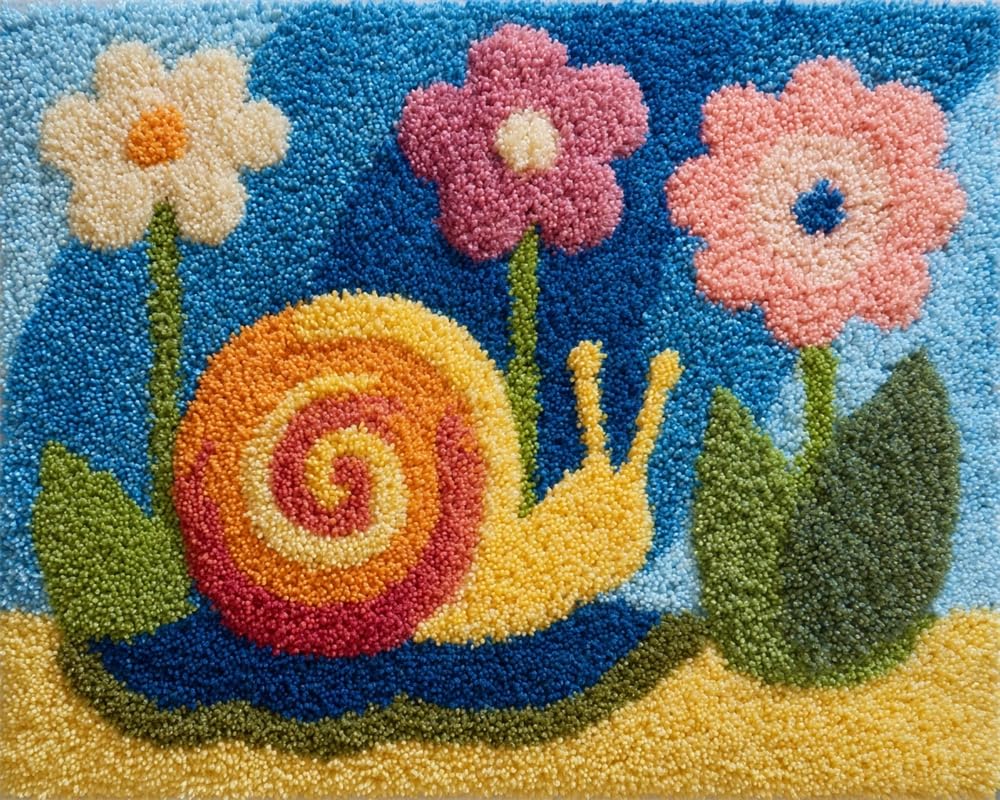 Kitquiver DIY Latch Hook Rug,Snail On A Flower,Crochet Kits Embroidery Kits Home Carpet Rug Making Canvas,Needlework Crafts for Home Decor 15X20In