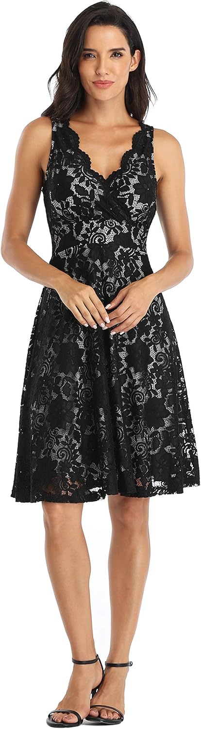 MISS MOLY Women's Floral Lace Overlay Fit and Flare Dress Sexy V-Neck Knee Length Elegant Party Wedding Dress - Image 3