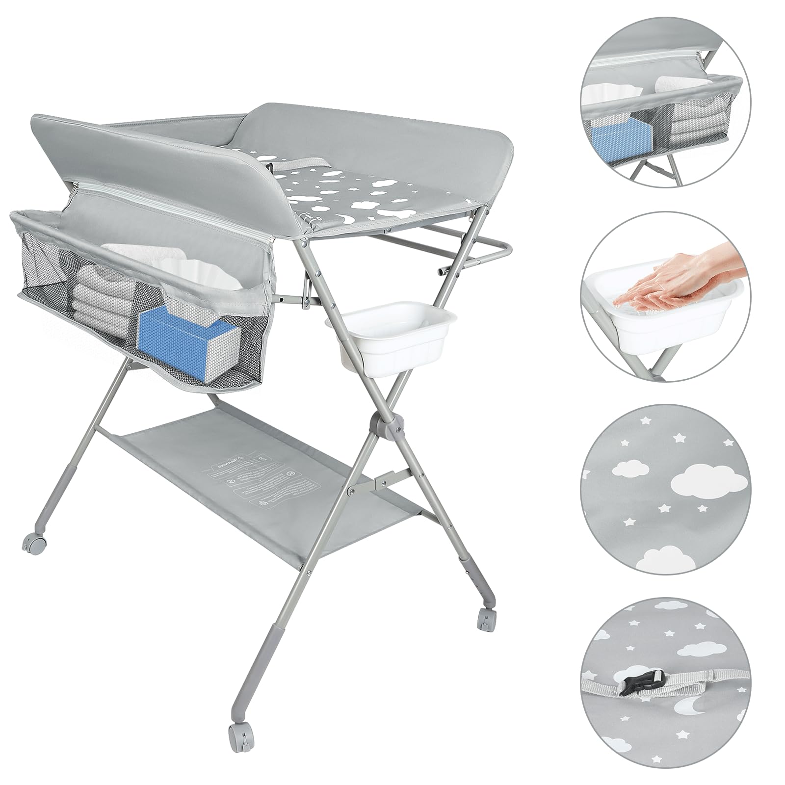 Cambiador Bebé, Cambiador Plegable Bebe, Tela Impermeable y Fácil de Limpiar, Cambiador Bebe Gran Espacio de Almacenaje, Tela Oxford, 4 Ruedas con Freno-80 * 58 * 90cm-gris claro