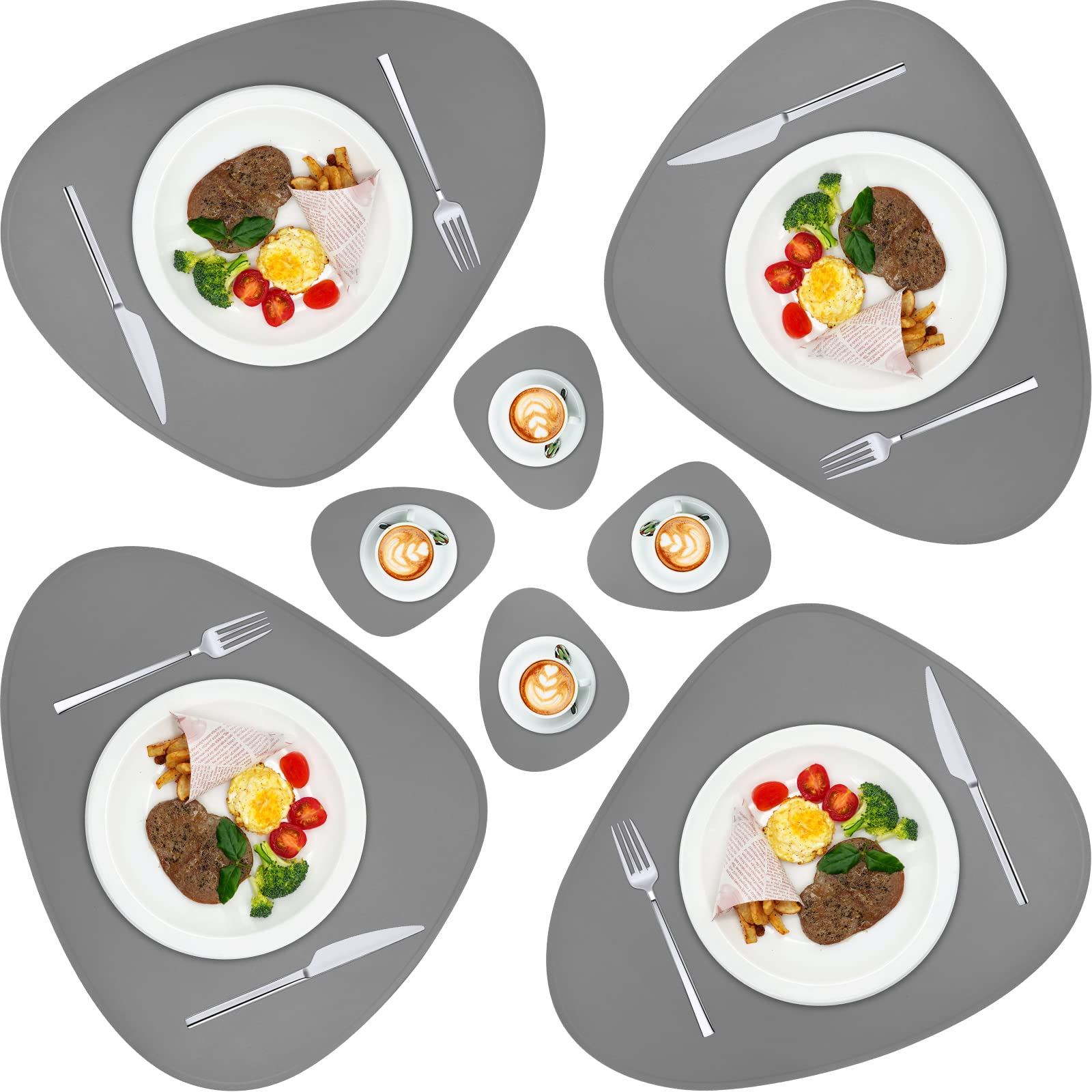 Leather Placemats Set of 4, Oval Faux Leather Placemats for Kitchen Dining Table, Wipeable Washable Dining Table Mats Heat Resistant Modern Placemats for Round Tables (Light Grey)