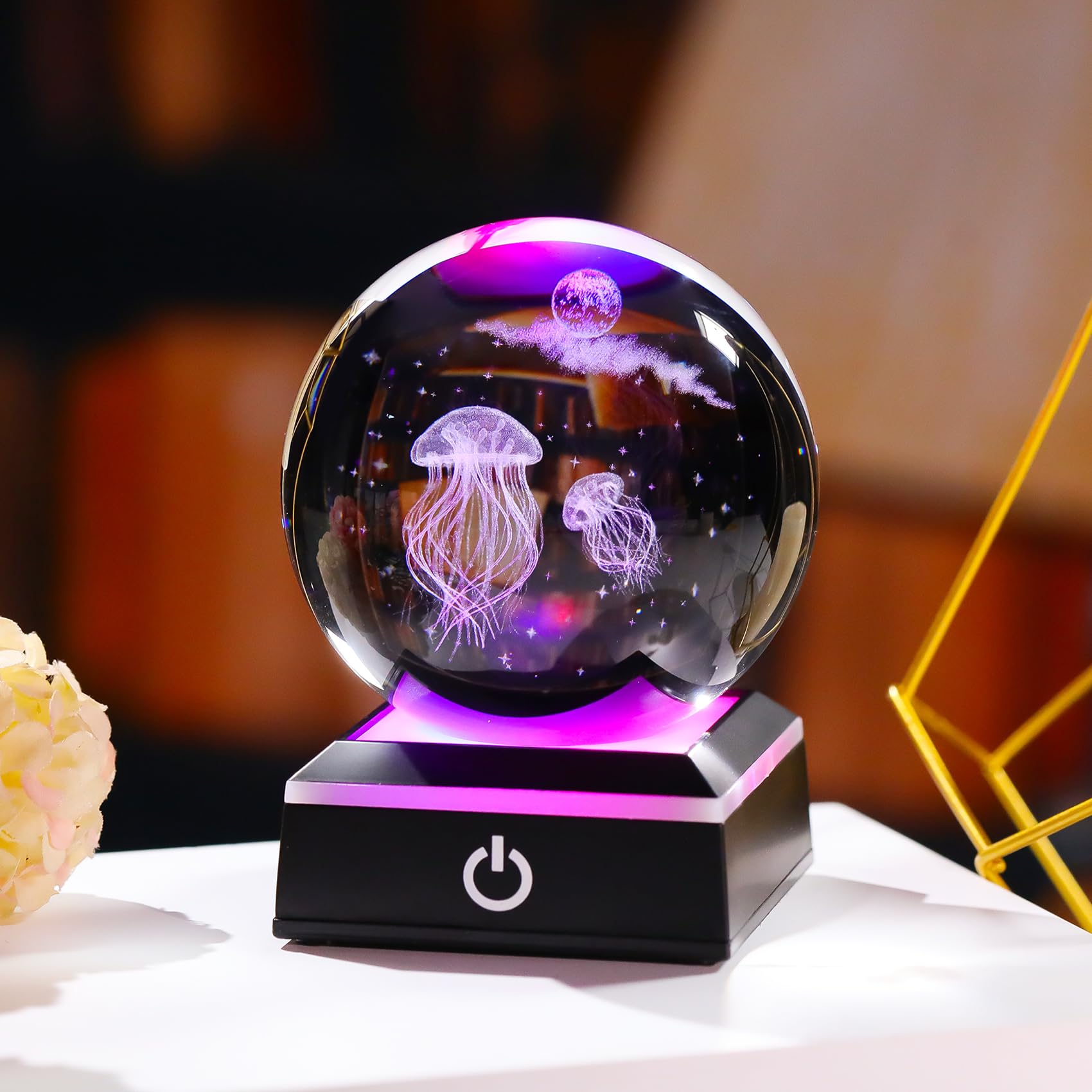 Movdyka 3D Jellyfish and Moon 3.15" Crystal Ball Gifts for Women Glass Sea Animal Art Sphere with LED Lights Base for Mum Sister Presents for Ocean Lovers Home Ornaments Paperweight - Image 4