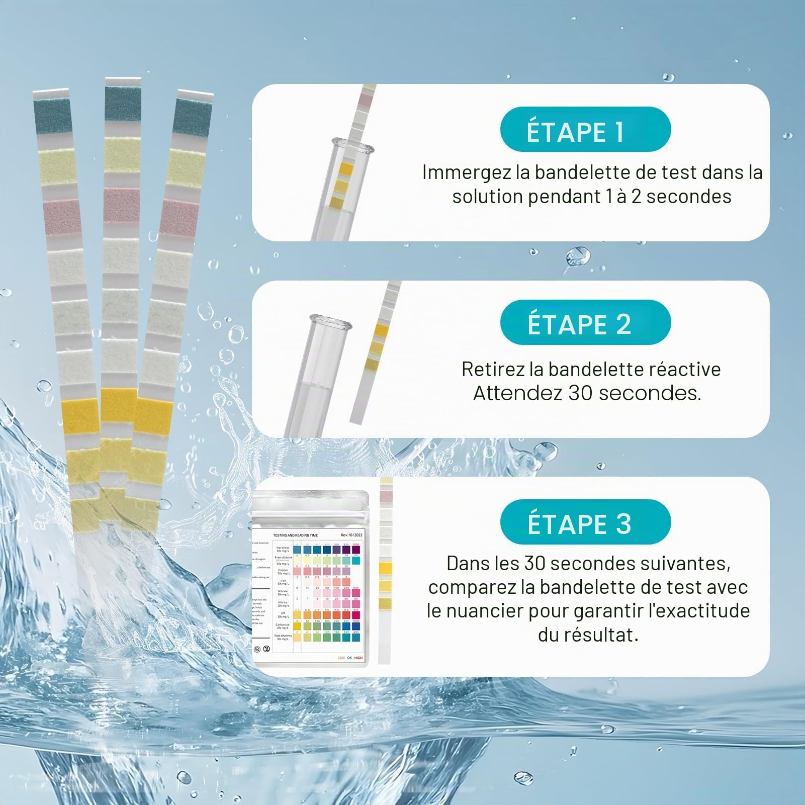 Lot de 100 Bandelettes Test Eau Aquarium 9 en 1, Kit Test Aquarium Eau Douce et Eau Salée, Test Nitrite Nitrate pH GH KH Chlore Cuivre Fer avec Tube et Thermomètre