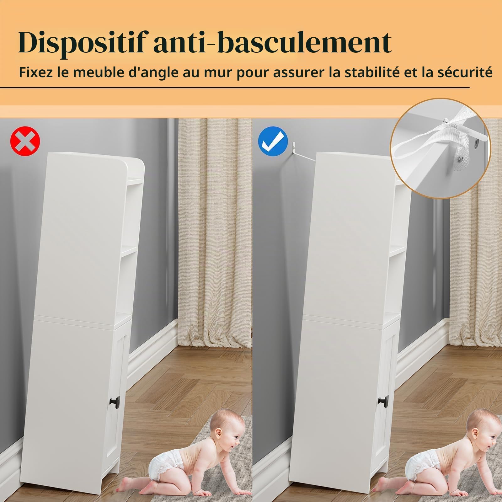 Lomojo Petit meuble d'angle de salle de bain, avec étagères réglables, autoportant, étroit, organisateur pour papier toilette pour petits espaces (blanc)