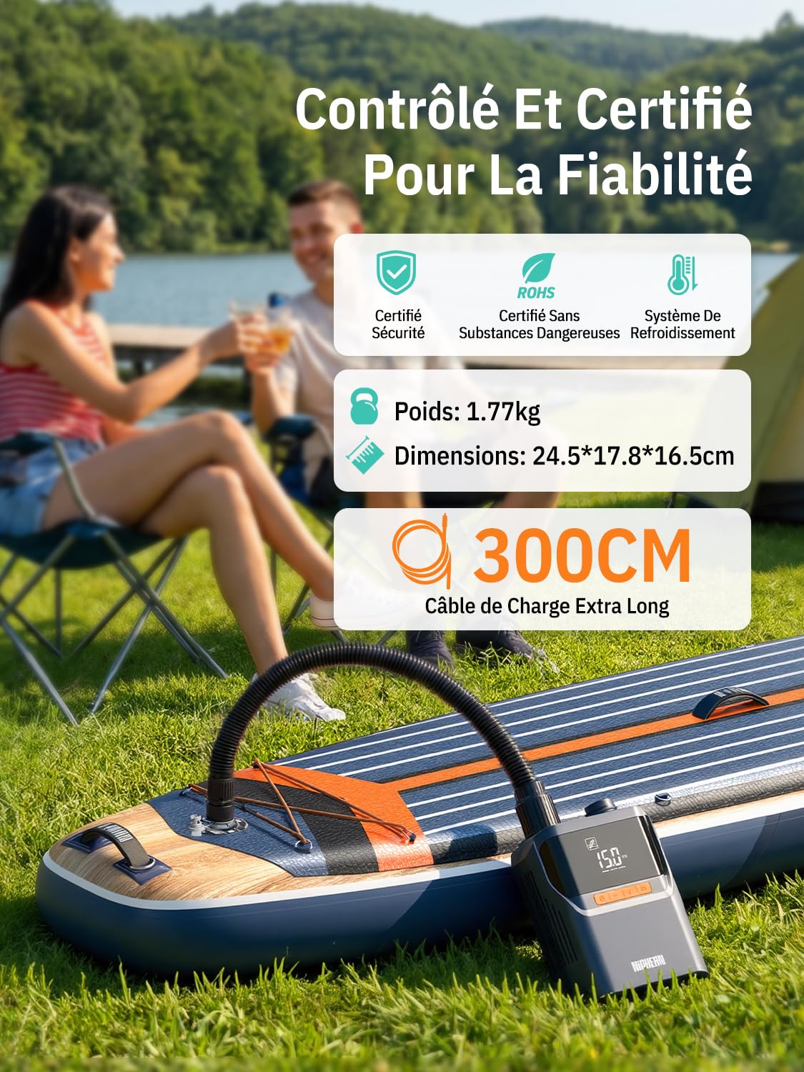 Niphean Gonfleur Electrique avec Batterie Intégrée, Gonfleur Pneus Voiture 50 PSI pour Pneus, Sup et Matelas, Pompe Electrique Portable avec Arrêt Automatique, Fonction Gonflage et Dégonflage