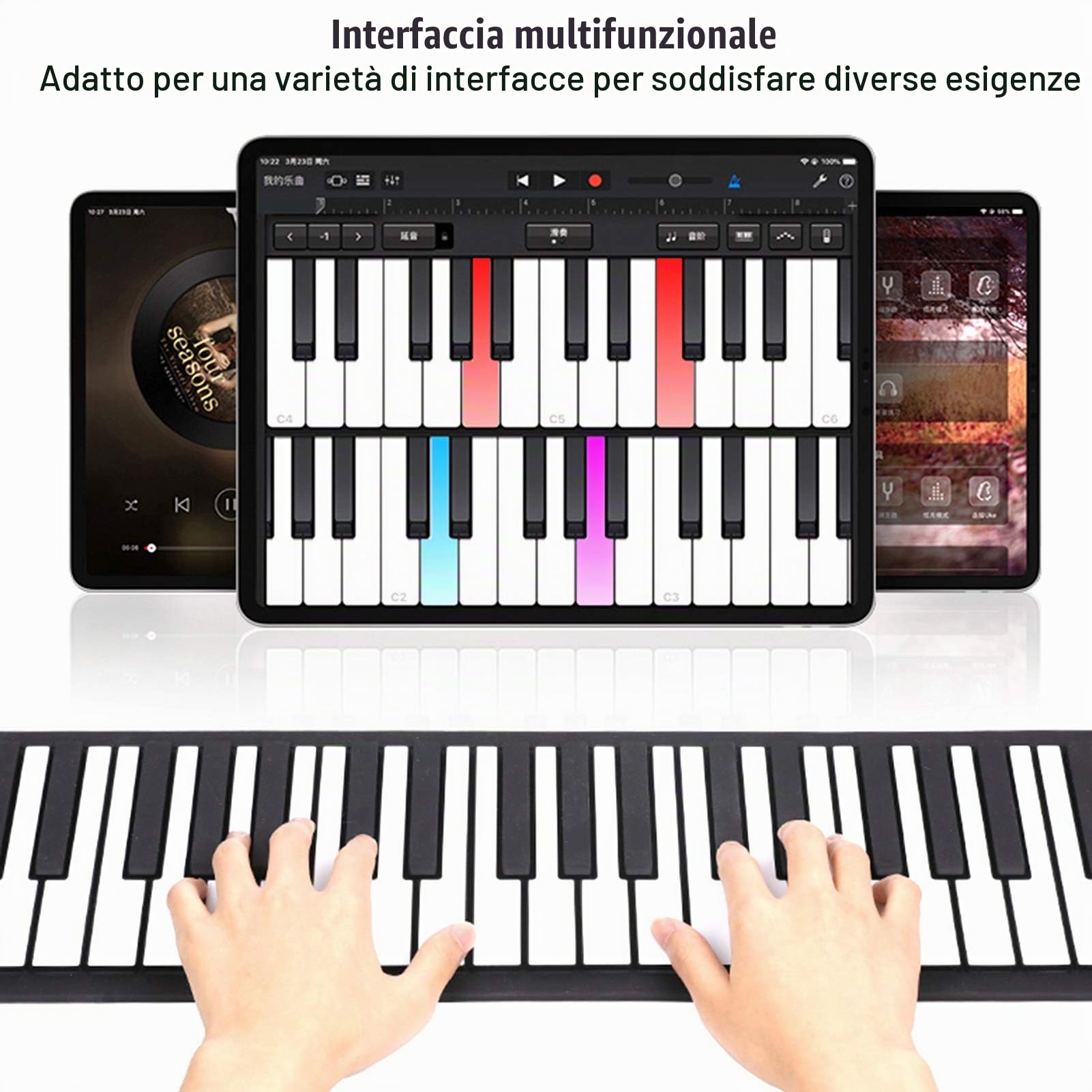 Pianoforte arrotolato a mano, pianoforte in silicone roll-up a 88 tasti, pianoforte elettronico portatile e ricaricabile, impermeabile, design della struttura audio professionale, per adulti(88)