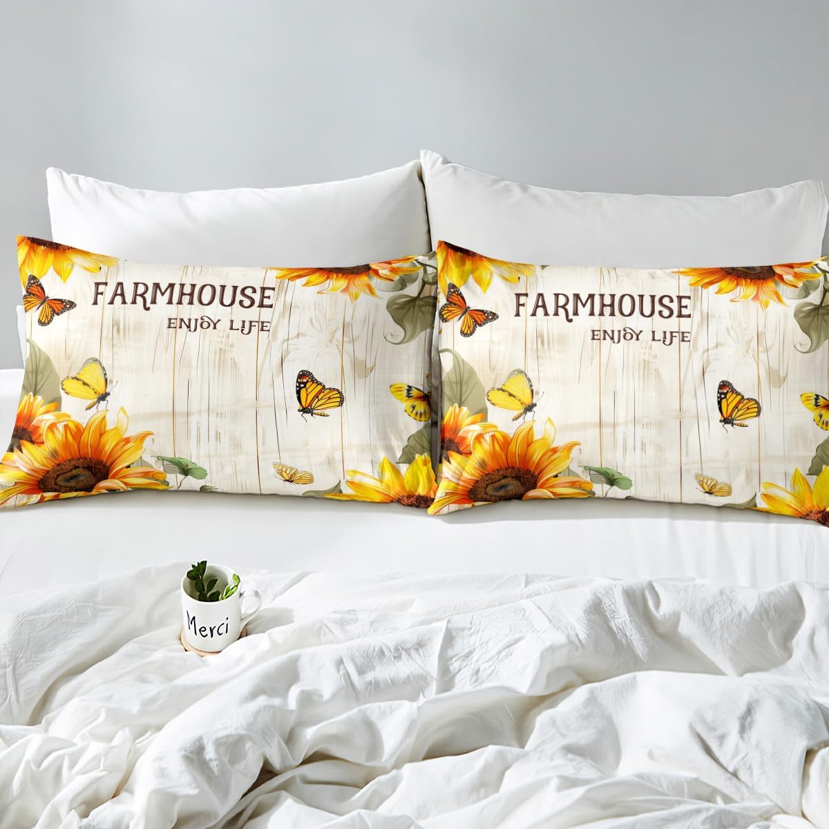 Sunflower Butterfly Bedding Set Farmhouse Decor,Rustic Garden Style Flowers Fitted Sheet Twin,Wildlife Animals Butterflies Bed Sheets for Kids Girls,Retro Wooden Planks Beige Barn Door Bed Cover