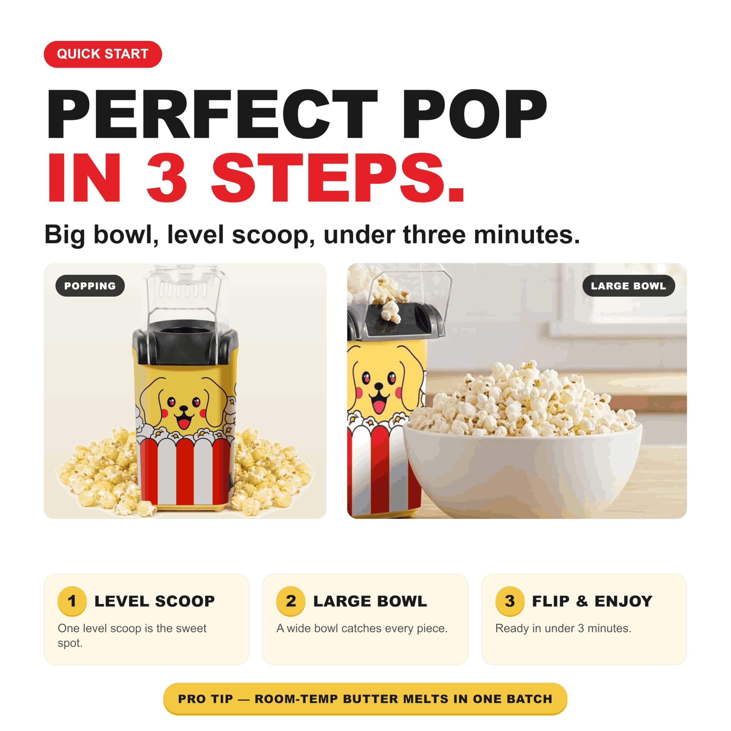 Cooler Concepts Máquina de palomitas de maíz "Pupcorn" y Popper de aire – Popper de aire caliente de 1200 W con bandeja de fusión de mantequilla – Mini fabricante eléctrico – Regalo para los amantes