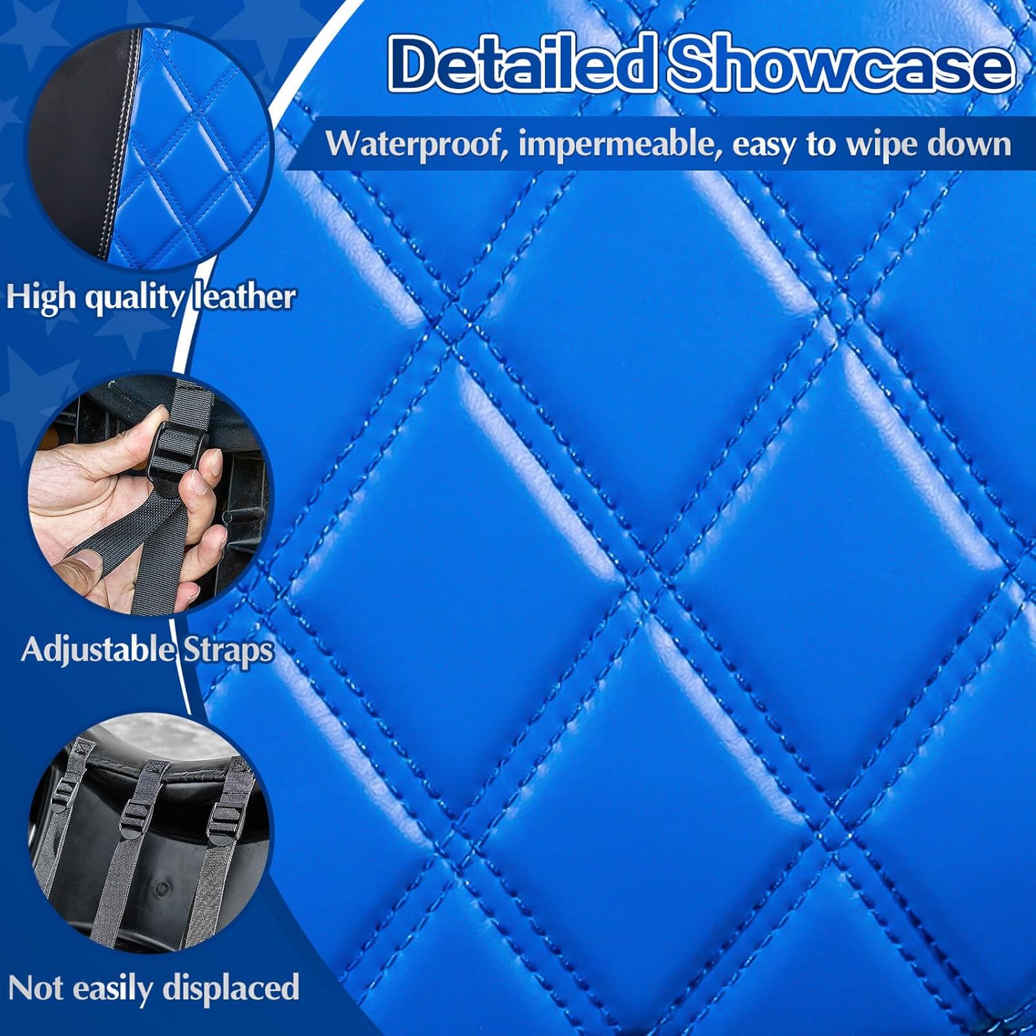 NOKINS 4PCS Golf Cart ET Diamond Seat Covers Kit,Front and Rear Seat Covers for EZGO TXT 1994-2013 Original Regular Seat Cushion, No Stapler, Golf Cart Vinyl Replacement Seat Cover,Blue and Black