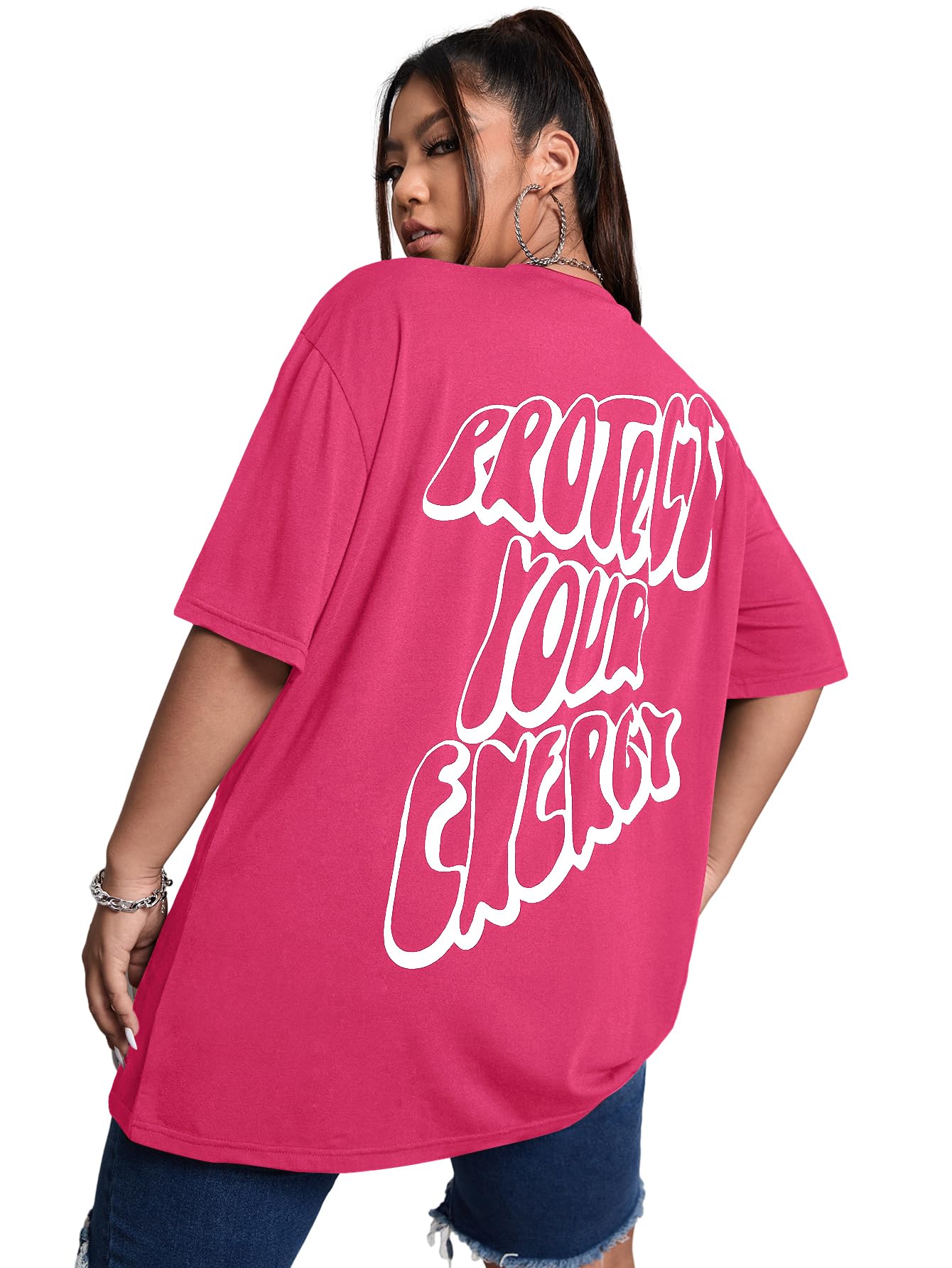 WDIRARAWomen's Plus Size Letter Print Short Sleeve Tee Graphic Round Neck Tops