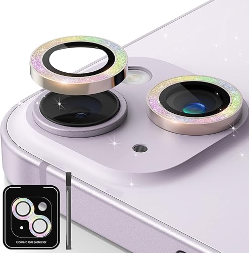 Paquete de 2+1 Compatible con iPhone 14 y iPhone 14 Plus, protector de lente de cámara con purpurina, bandeja automática, aleación de aluminio más