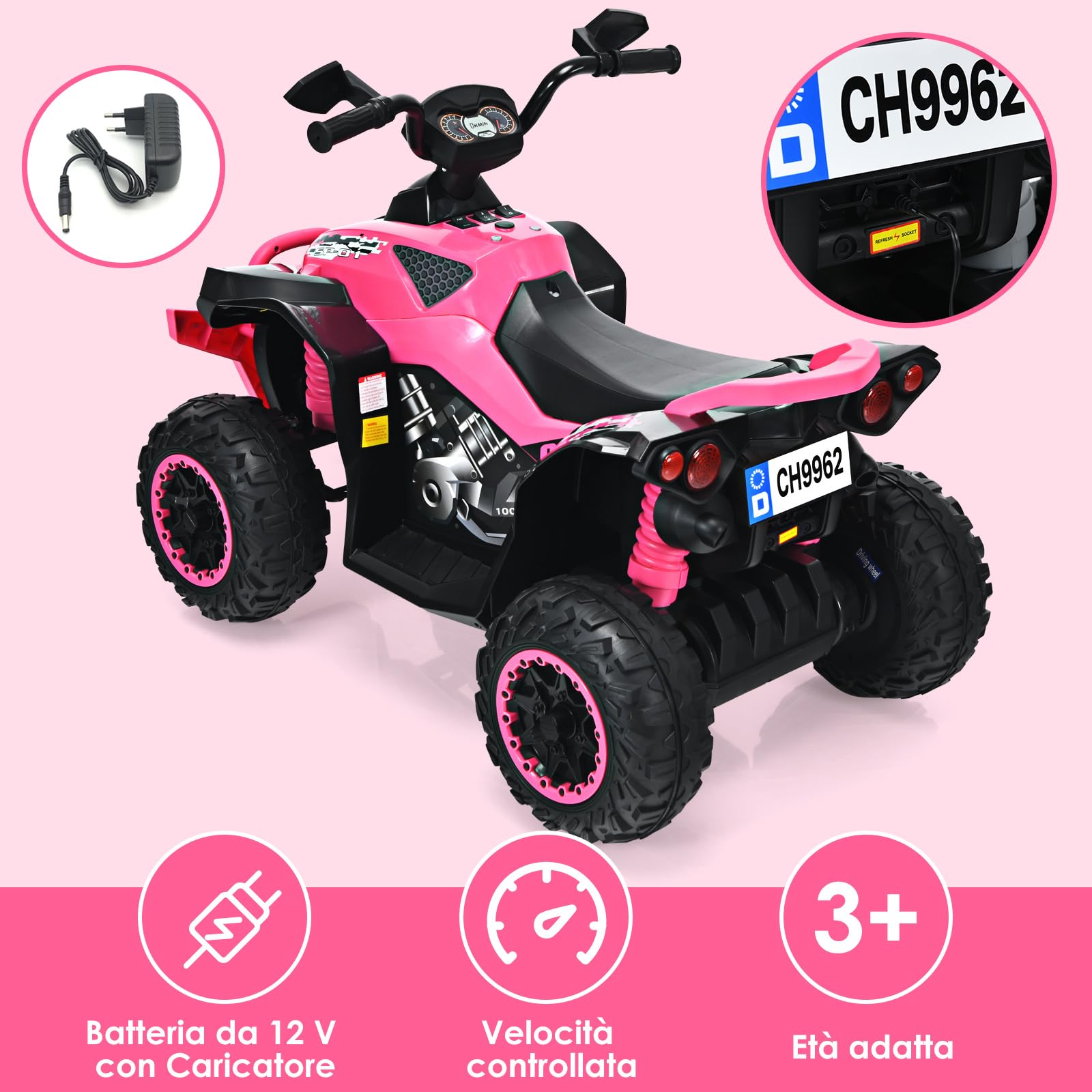 COSTWAY 12V Quad Elettrico per Bambini, Auto Cavalcabile con Luci LED Musica, 2,2-4,3 km/h, Rosa